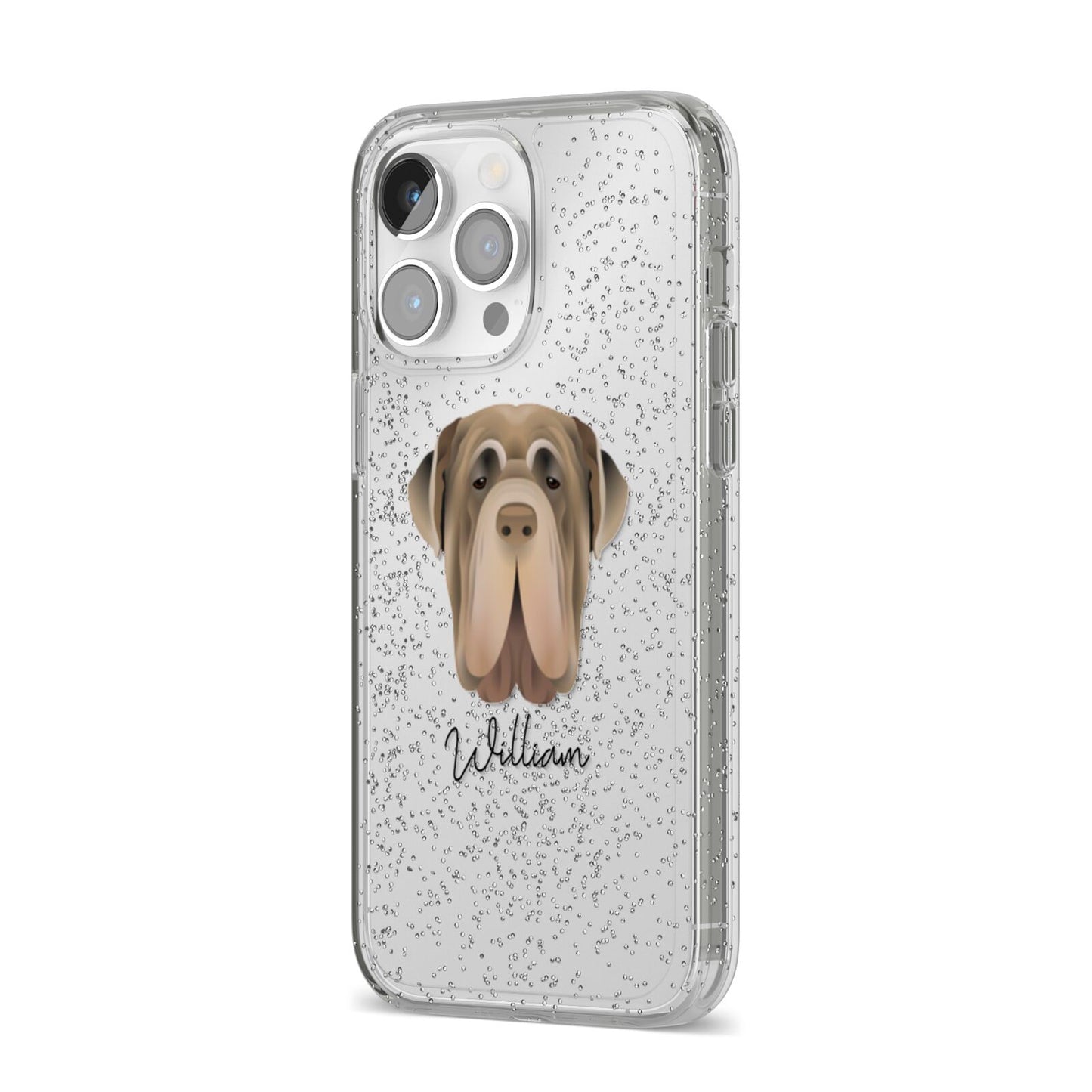 Neapolitan Mastiff Personalised iPhone 14 Pro Max Glitter Tough Case Silver Angled Image