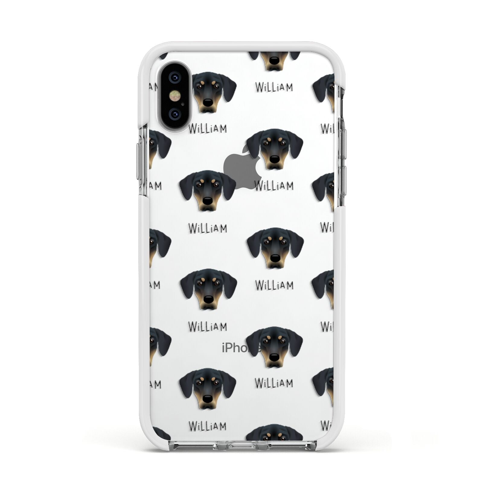 New Zealand Huntaway Icon with Name Apple iPhone Xs Impact Case White Edge on Silver Phone
