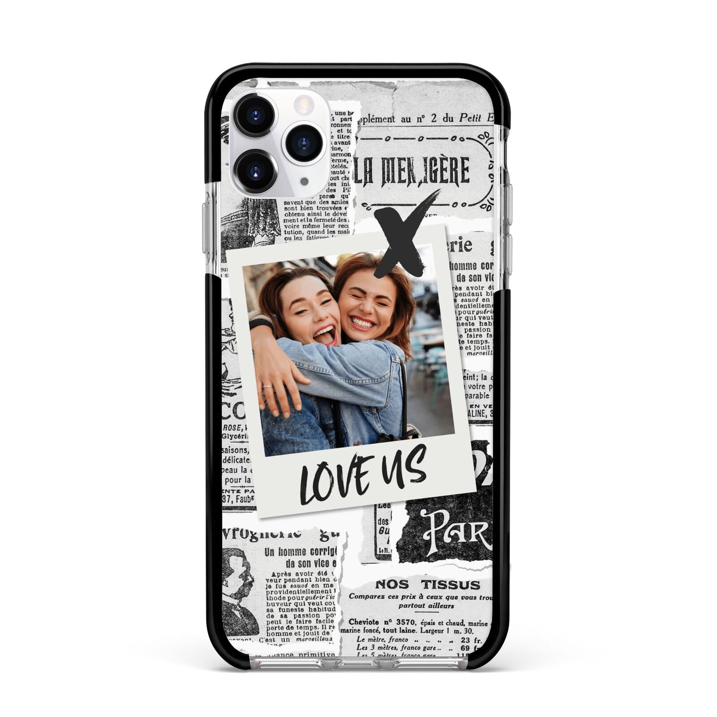 Newspaper Collage Photo Personalised Apple iPhone 11 Pro Max in Silver with Black Impact Case
