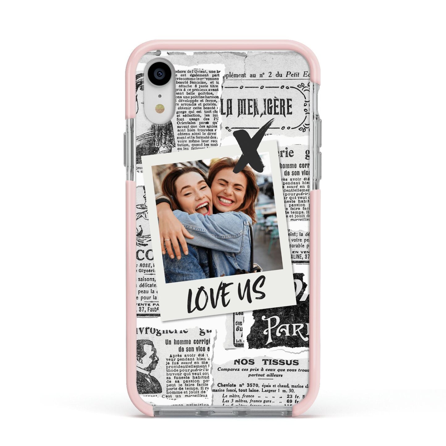 Newspaper Collage Photo Personalised Apple iPhone XR Impact Case Pink Edge on Silver Phone