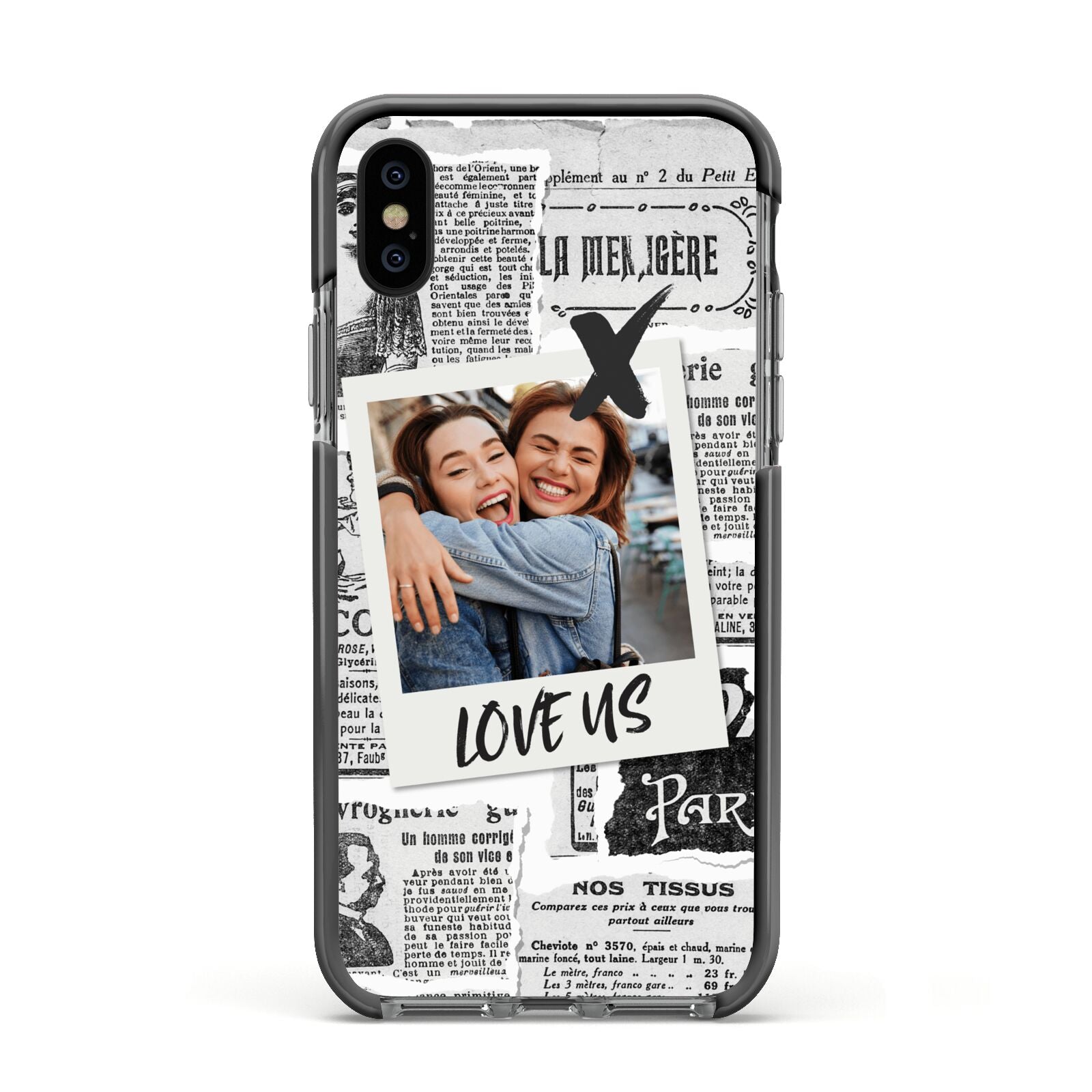 Newspaper Collage Photo Personalised Apple iPhone Xs Impact Case Black Edge on Black Phone