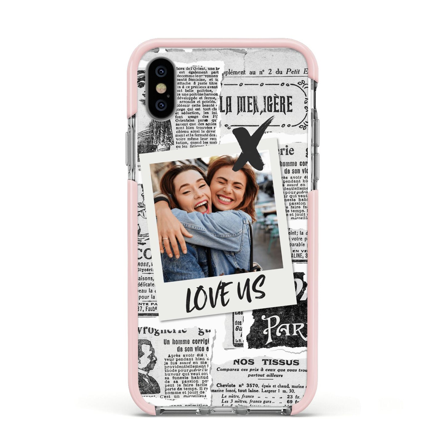 Newspaper Collage Photo Personalised Apple iPhone Xs Impact Case Pink Edge on Silver Phone