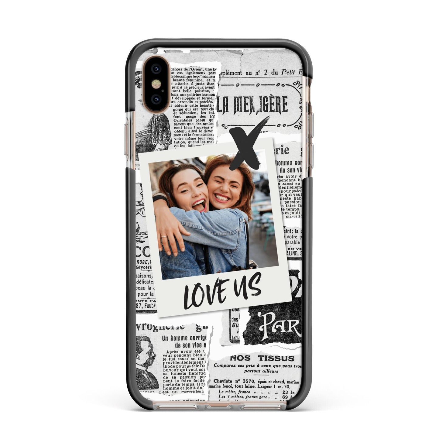 Newspaper Collage Photo Personalised Apple iPhone Xs Max Impact Case Black Edge on Gold Phone