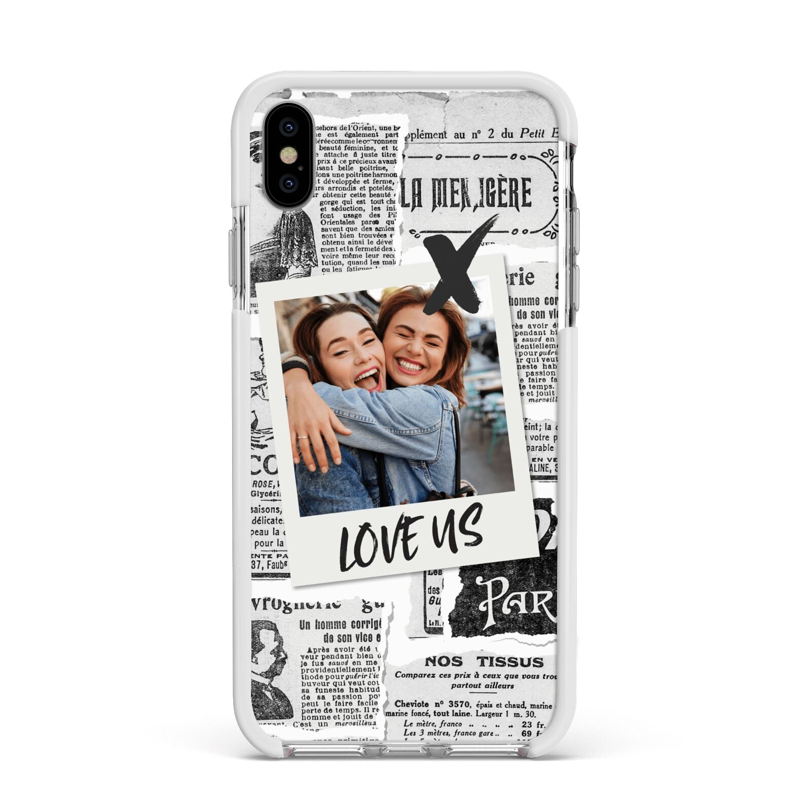 Newspaper Collage Photo Personalised Apple iPhone Xs Max Impact Case White Edge on Silver Phone