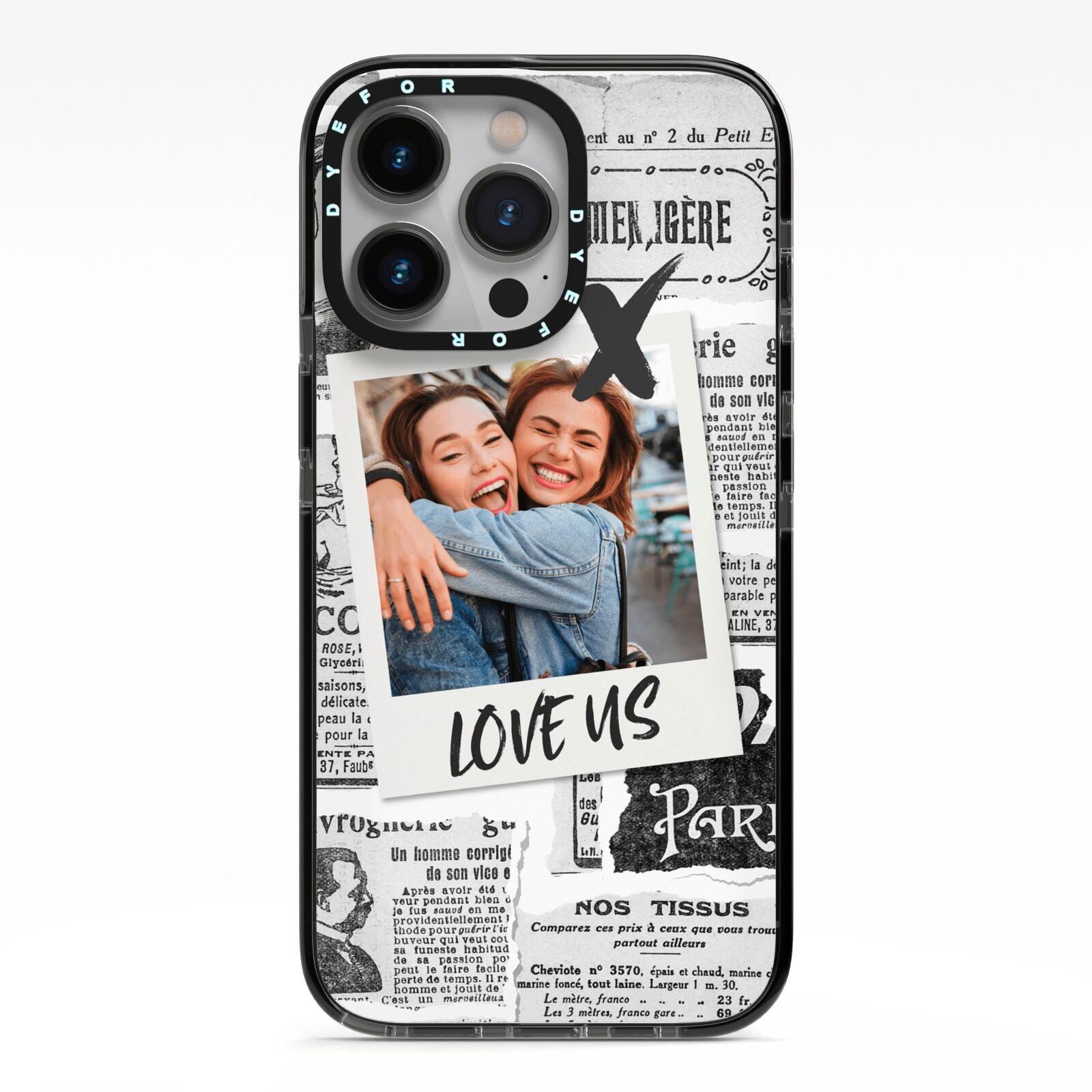 Newspaper Collage Photo Personalised iPhone 13 Pro Black Impact Case on Silver phone