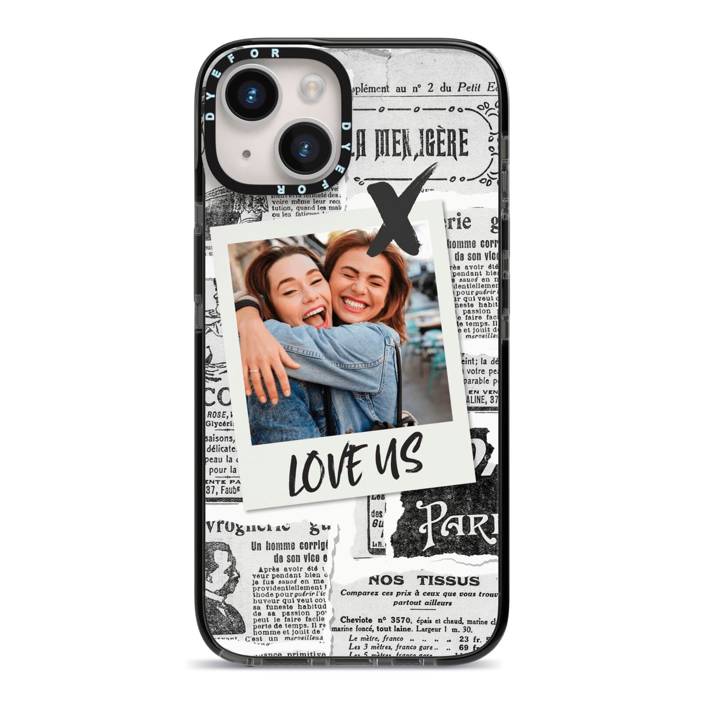 Newspaper Collage Photo Personalised iPhone 14 Black Impact Case on Silver phone