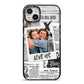 Newspaper Collage Photo Personalised iPhone 14 Plus Black Impact Case on Silver phone