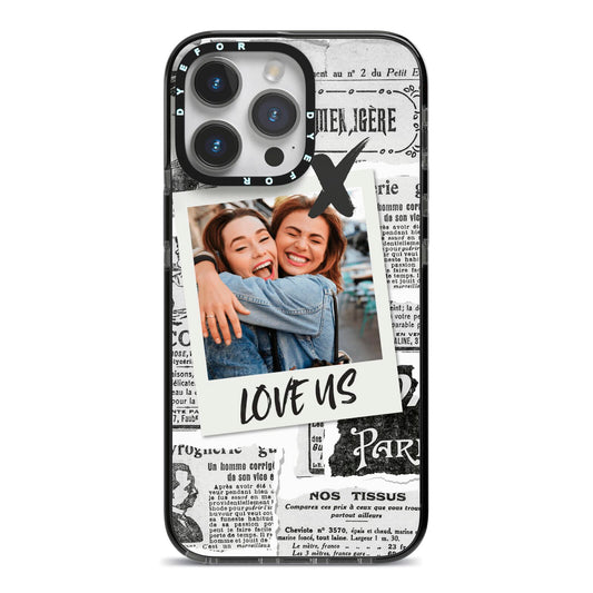 Newspaper Collage Photo Personalised iPhone 14 Pro Max Black Impact Case on Silver phone