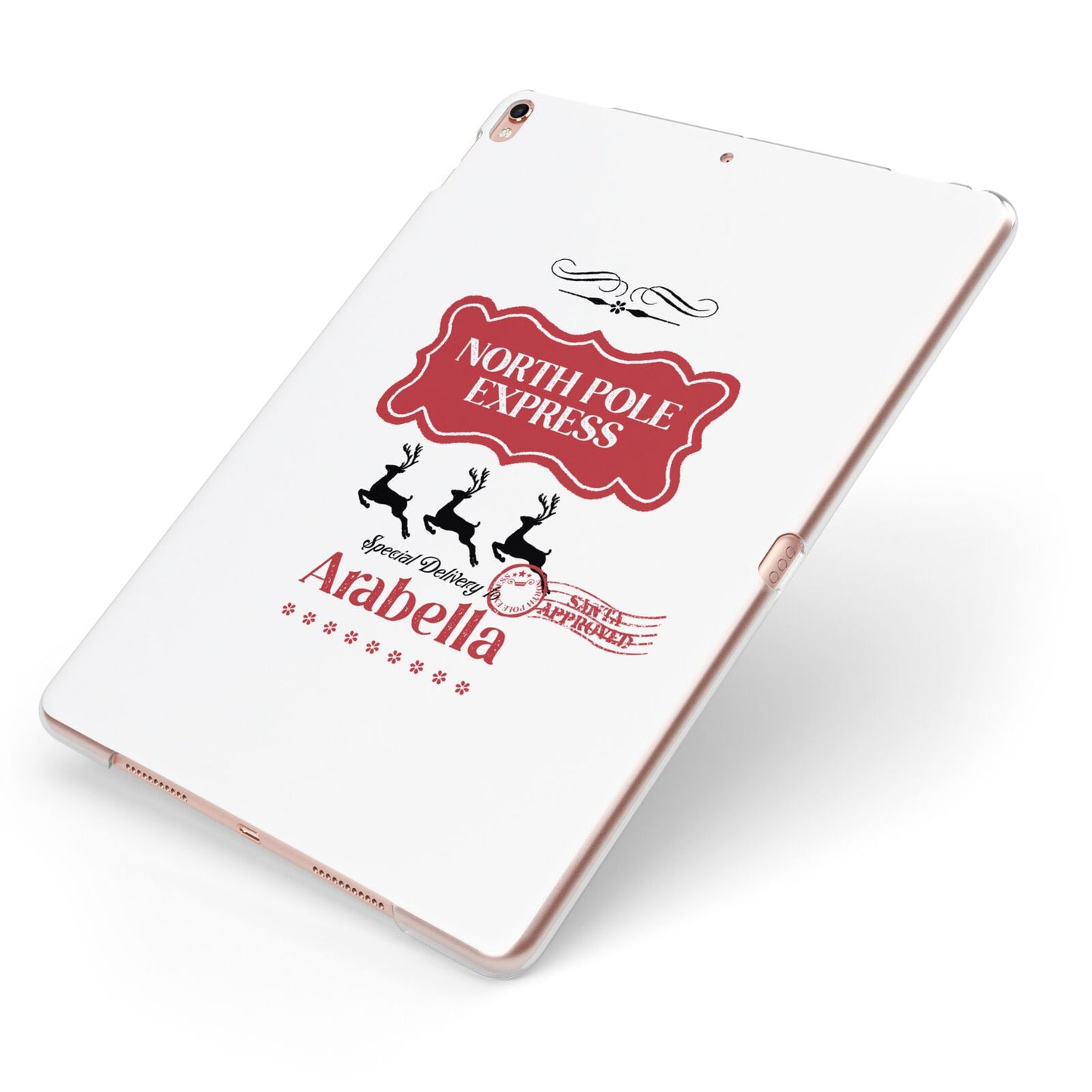 North Pole Express Personalised Apple iPad Case on Rose Gold iPad Side View