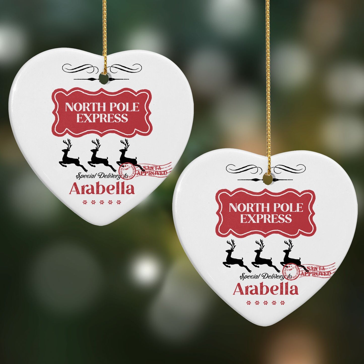 North Pole Express Personalised Heart Decoration on Christmas Background