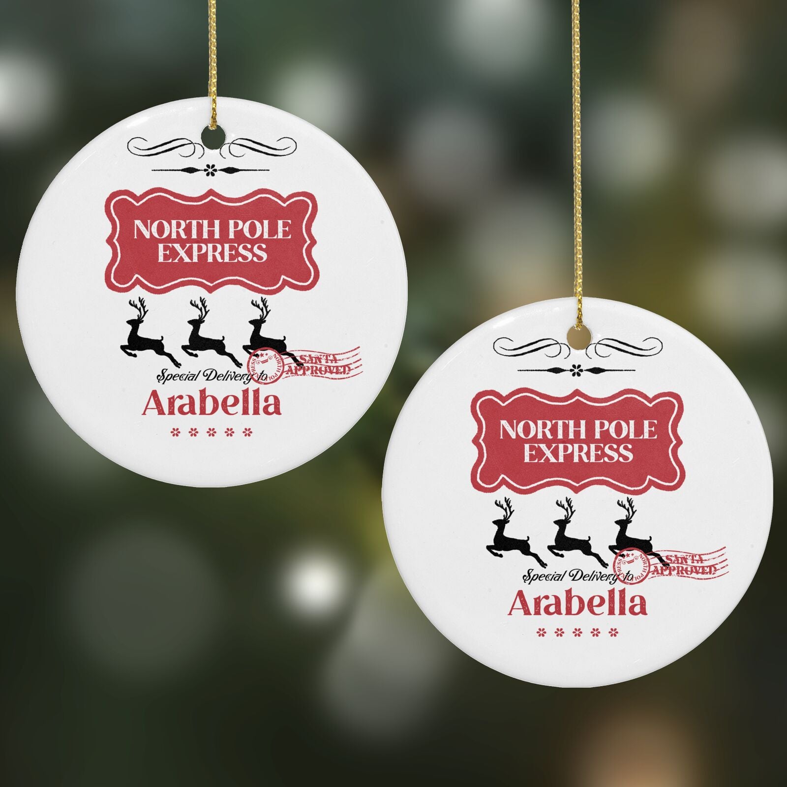 North Pole Express Personalised Round Decoration on Christmas Background