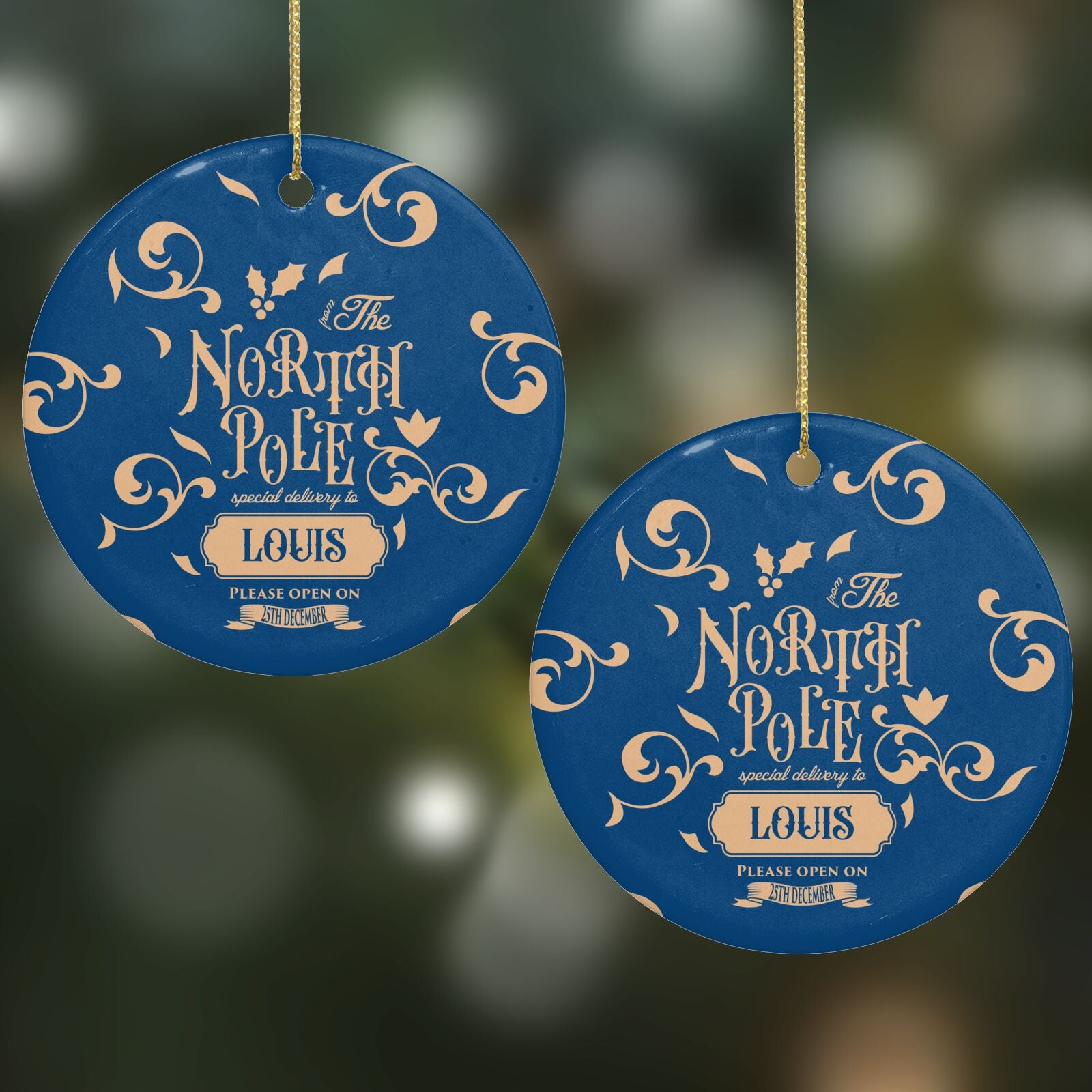 North Pole Personalised Round Decoration on Christmas Background