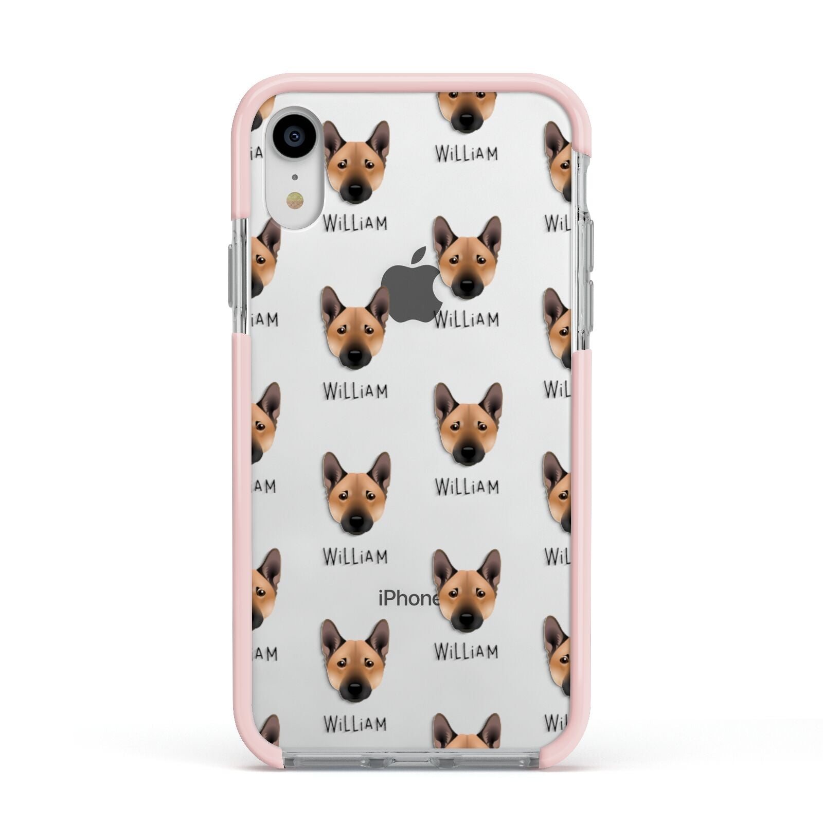 Norwegian Buhund Icon with Name Apple iPhone XR Impact Case Pink Edge on Silver Phone