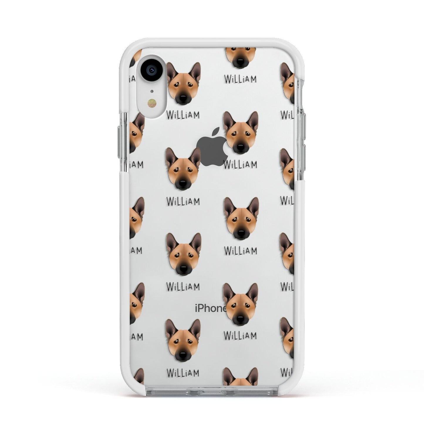 Norwegian Buhund Icon with Name Apple iPhone XR Impact Case White Edge on Silver Phone