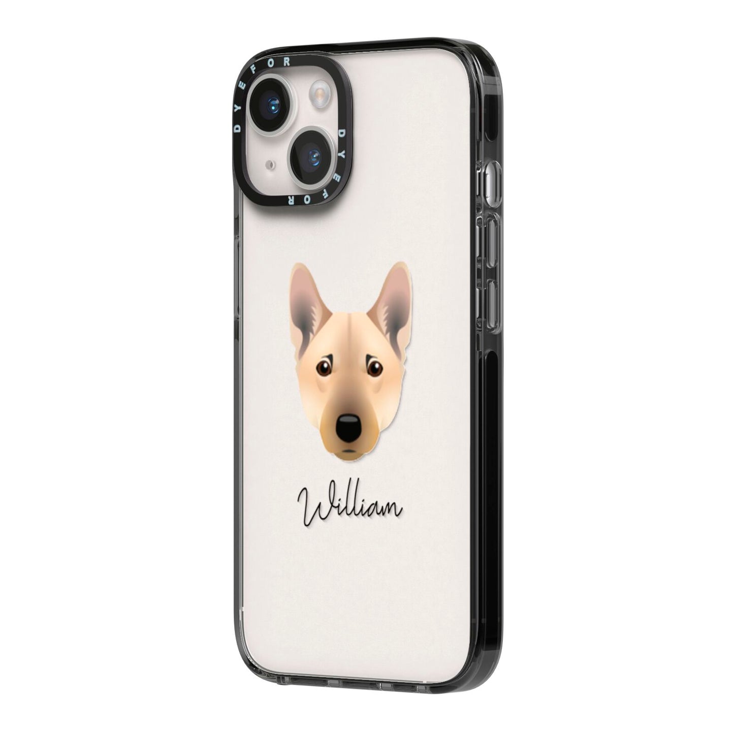 Norwegian Buhund Personalised iPhone 14 Black Impact Case Side Angle on Silver phone
