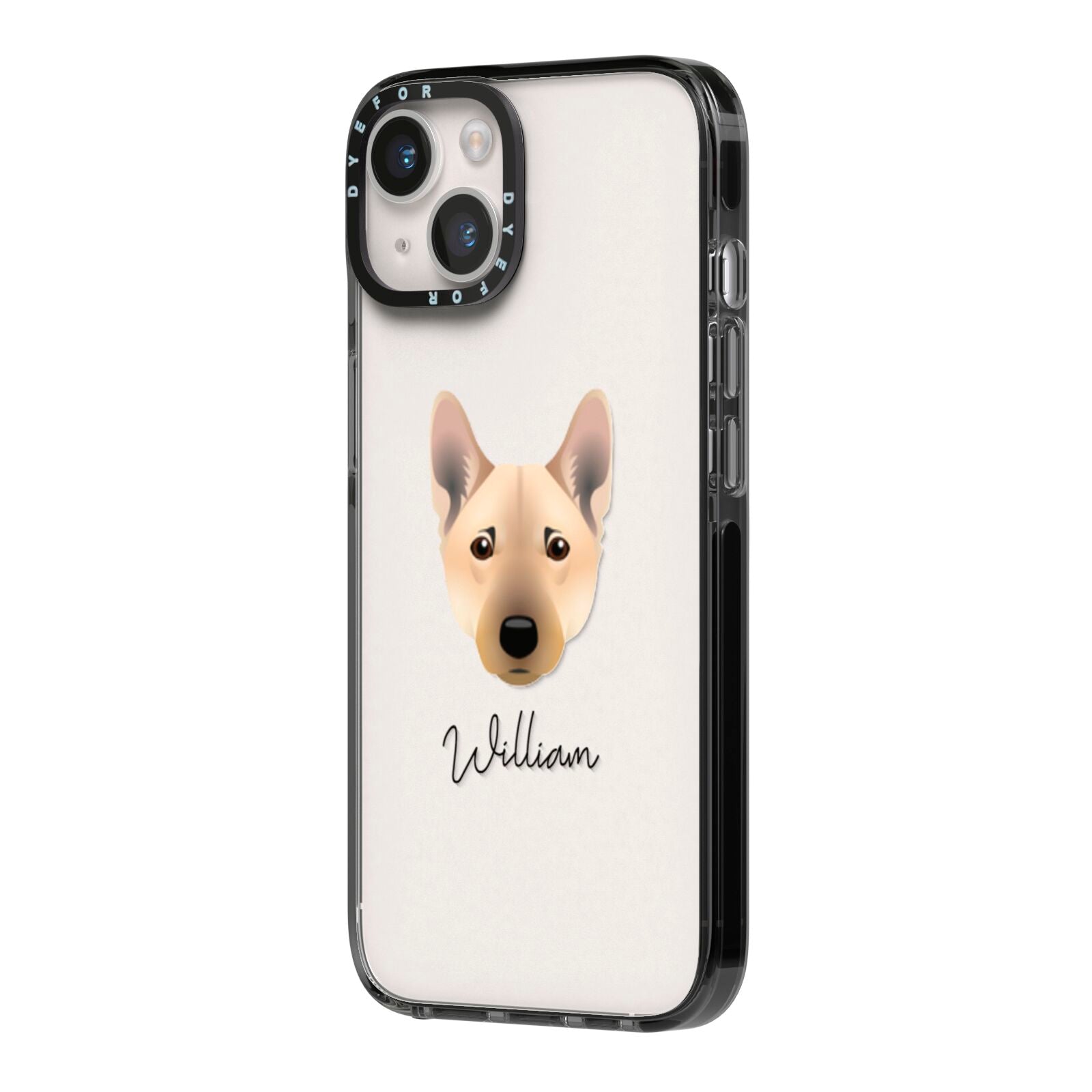 Norwegian Buhund Personalised iPhone 14 Black Impact Case Side Angle on Silver phone