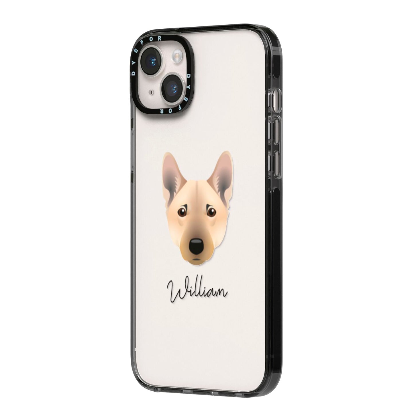 Norwegian Buhund Personalised iPhone 14 Plus Black Impact Case Side Angle on Silver phone