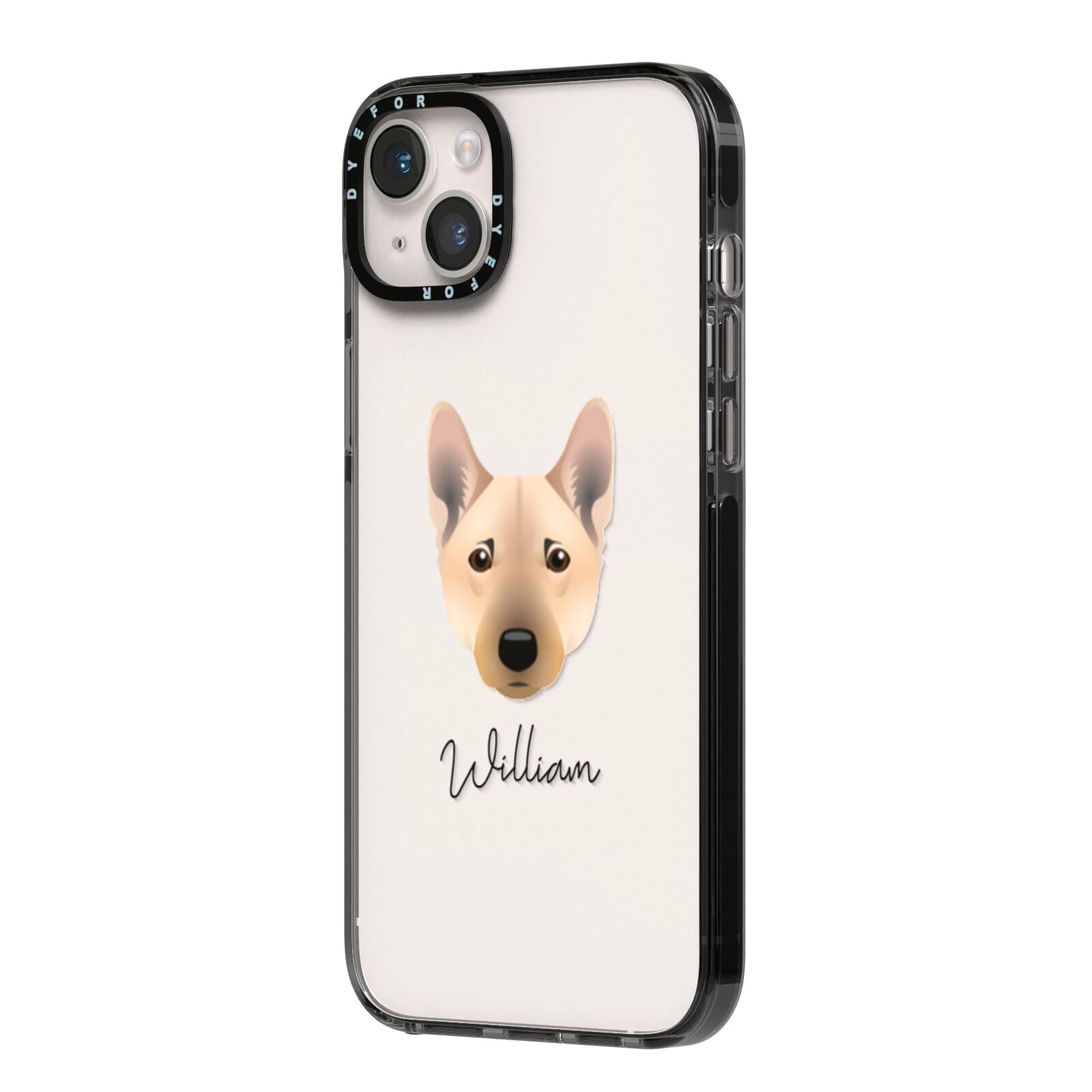 Norwegian Buhund Personalised iPhone 14 Plus Black Impact Case Side Angle on Silver phone