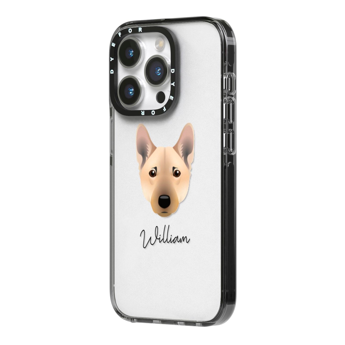 Norwegian Buhund Personalised iPhone 14 Pro Black Impact Case Side Angle on Silver phone