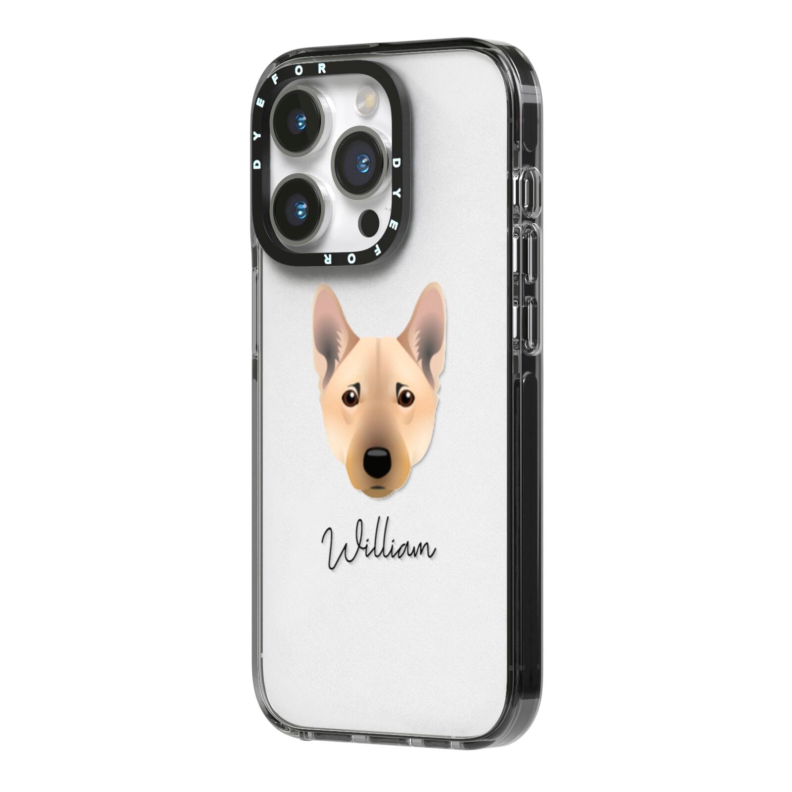 Norwegian Buhund Personalised iPhone 14 Pro Black Impact Case Side Angle on Silver phone