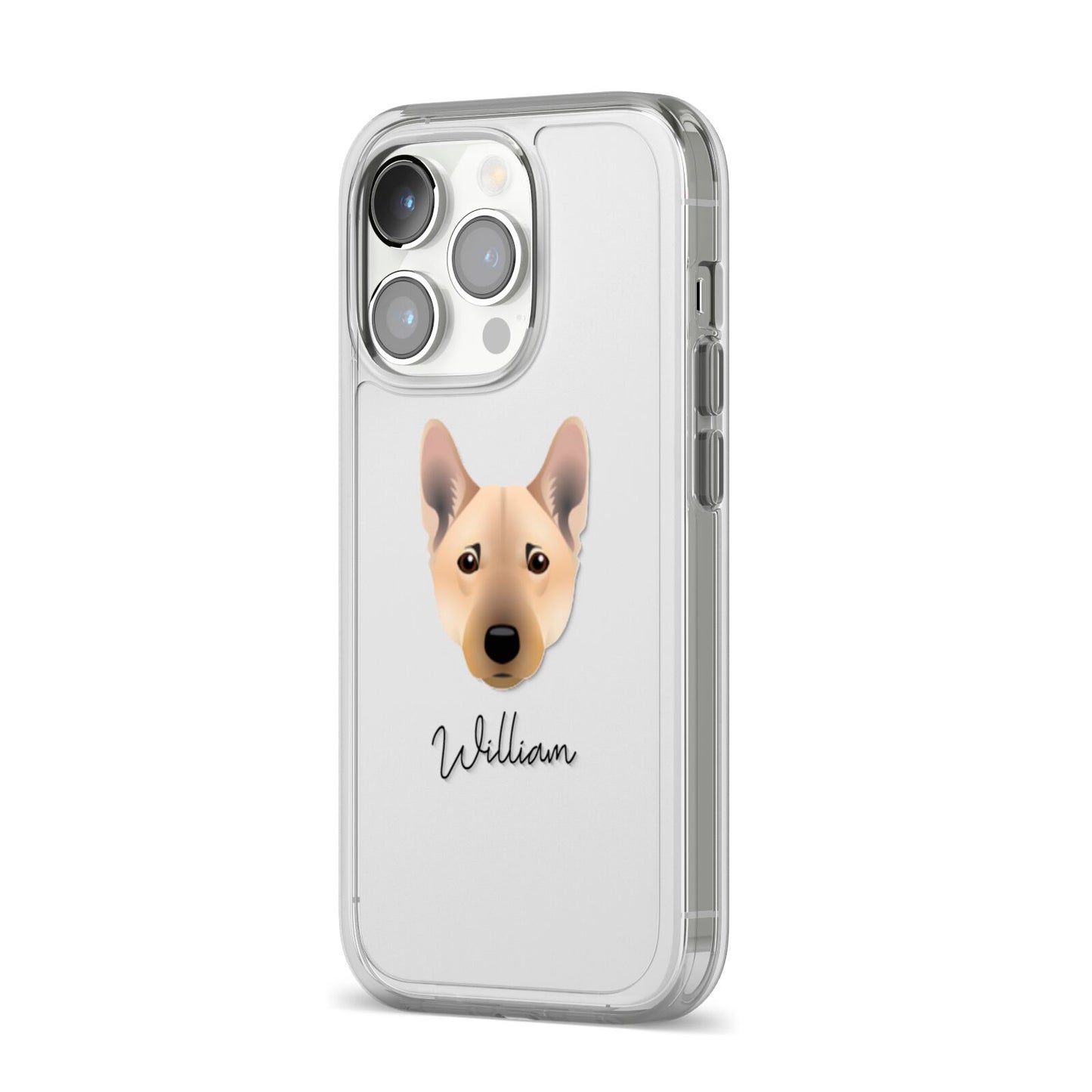 Norwegian Buhund Personalised iPhone 14 Pro Clear Tough Case Silver Angled Image
