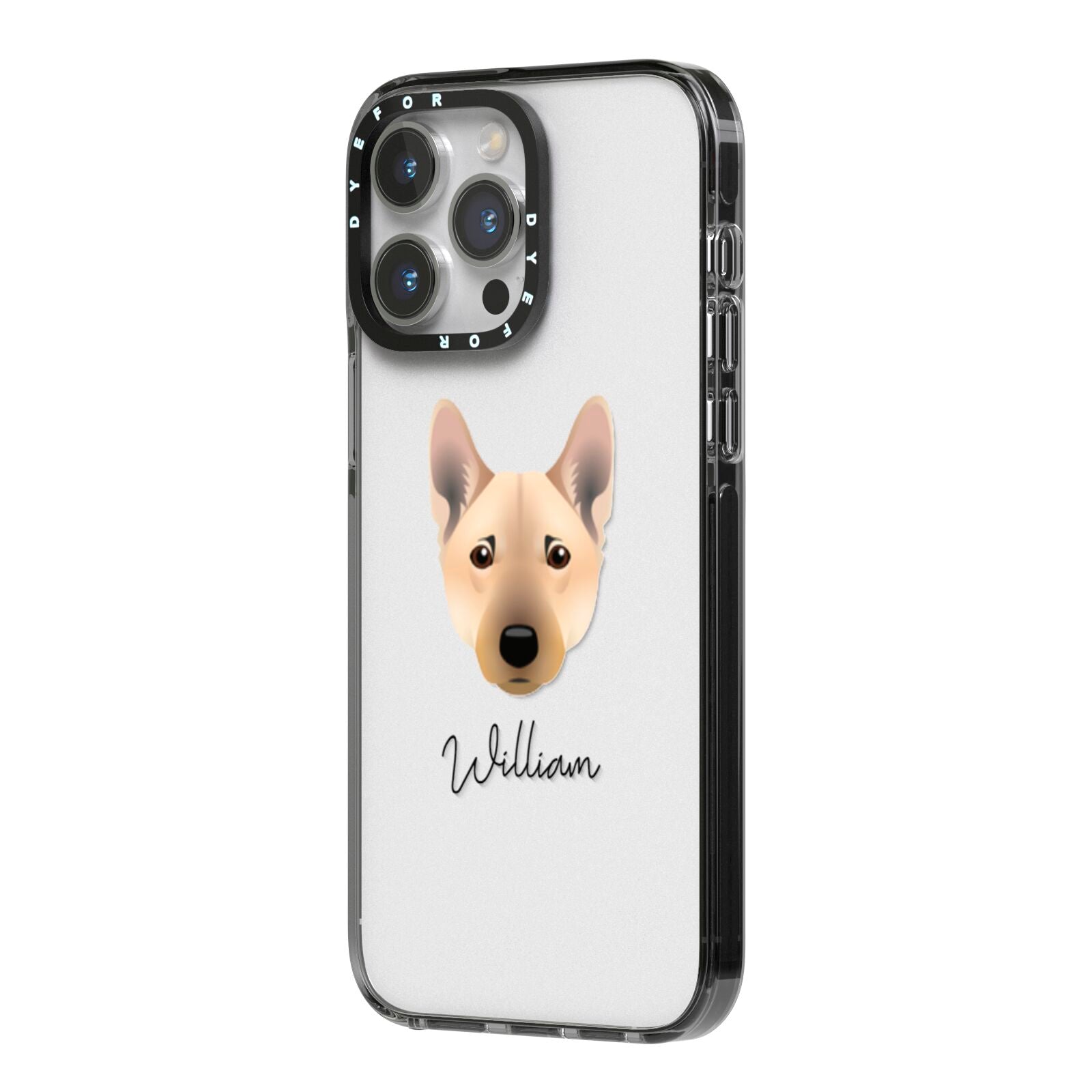 Norwegian Buhund Personalised iPhone 14 Pro Max Black Impact Case Side Angle on Silver phone