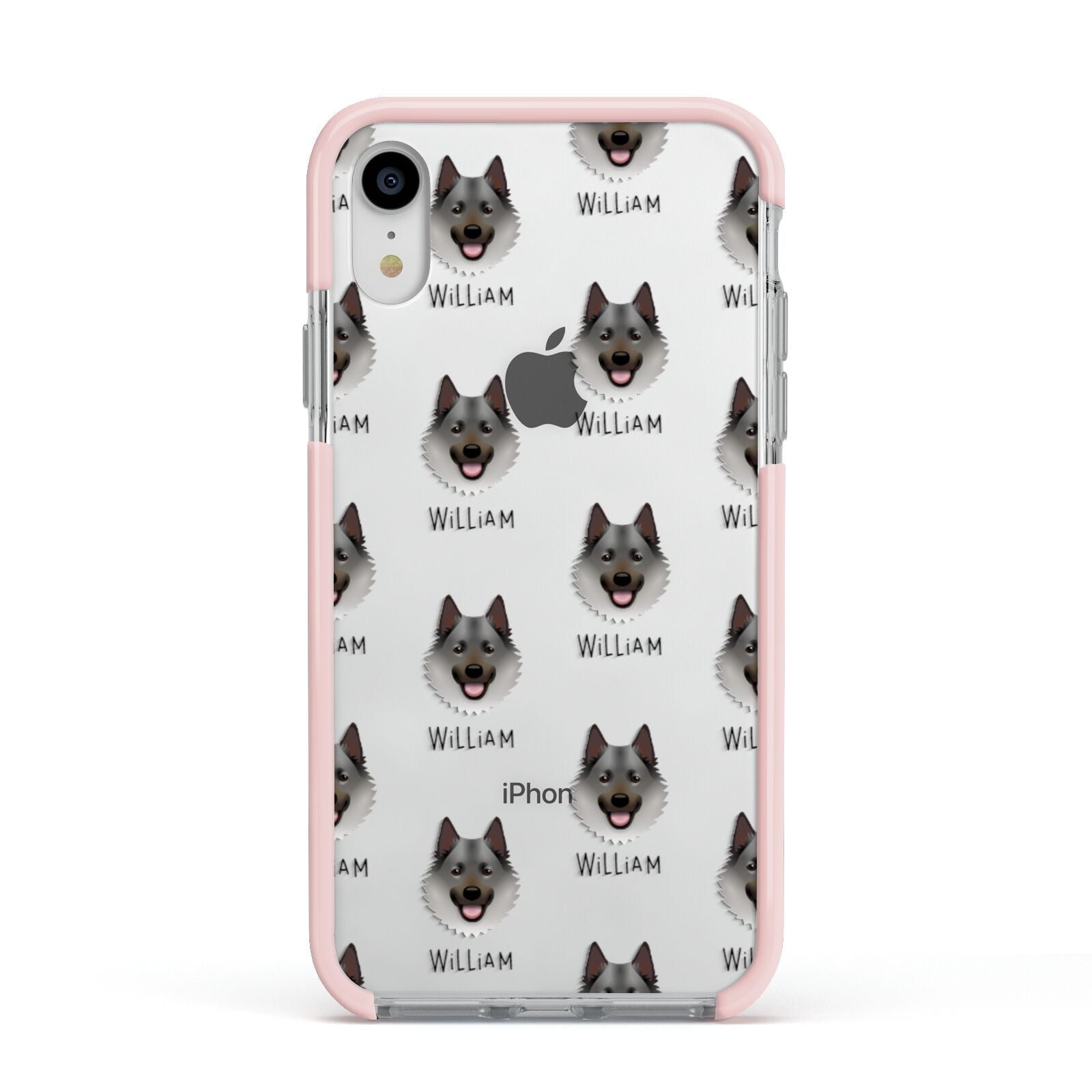 Norwegian Elkhound Icon with Name Apple iPhone XR Impact Case Pink Edge on Silver Phone