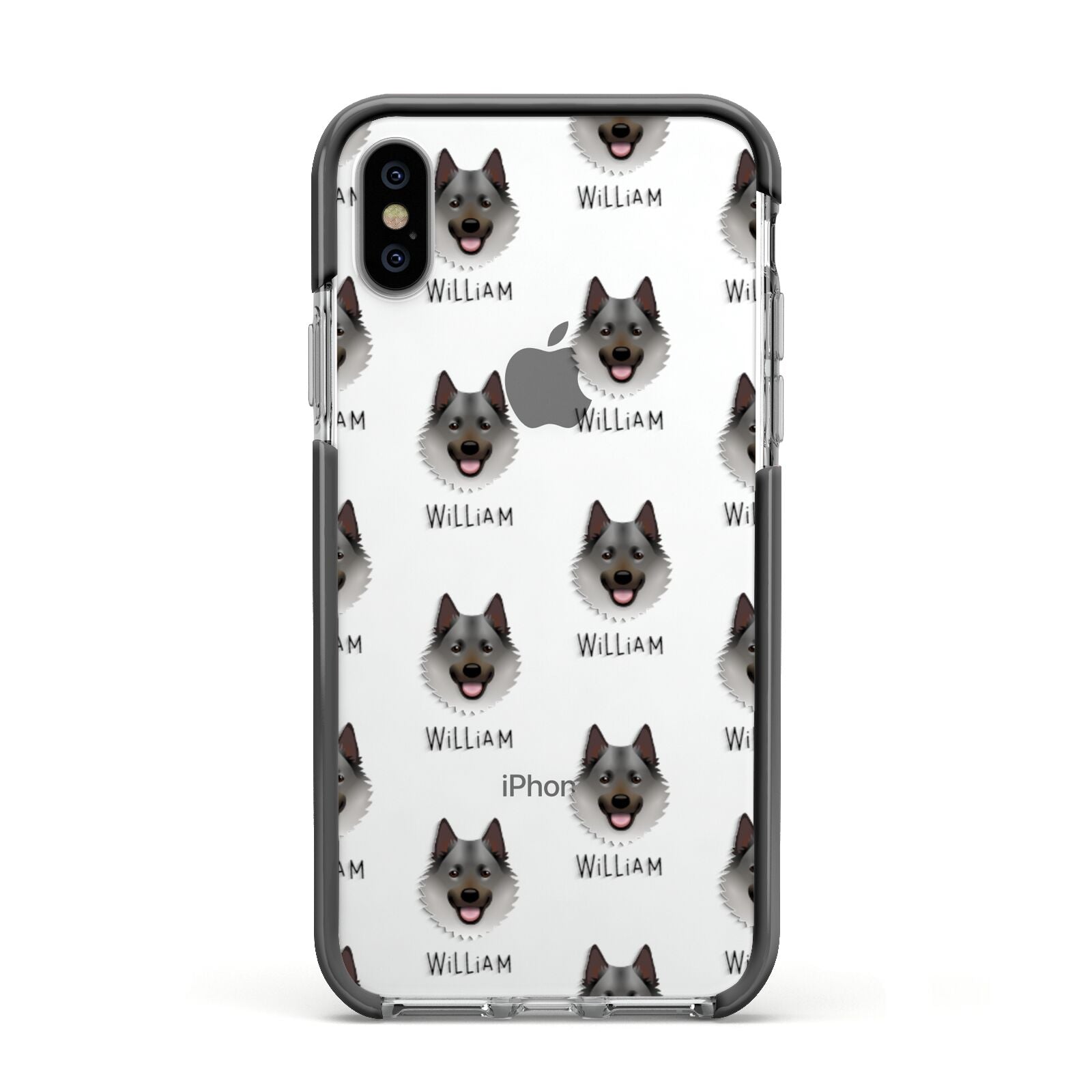 Norwegian Elkhound Icon with Name Apple iPhone Xs Impact Case Black Edge on Silver Phone