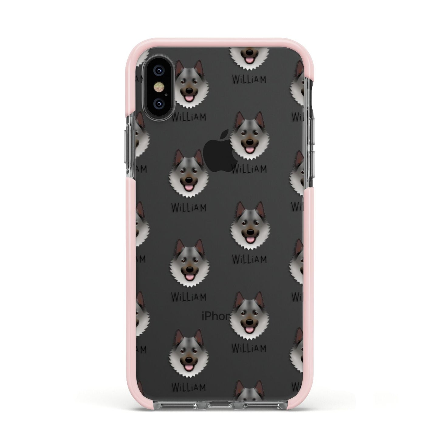 Norwegian Elkhound Icon with Name Apple iPhone Xs Impact Case Pink Edge on Black Phone