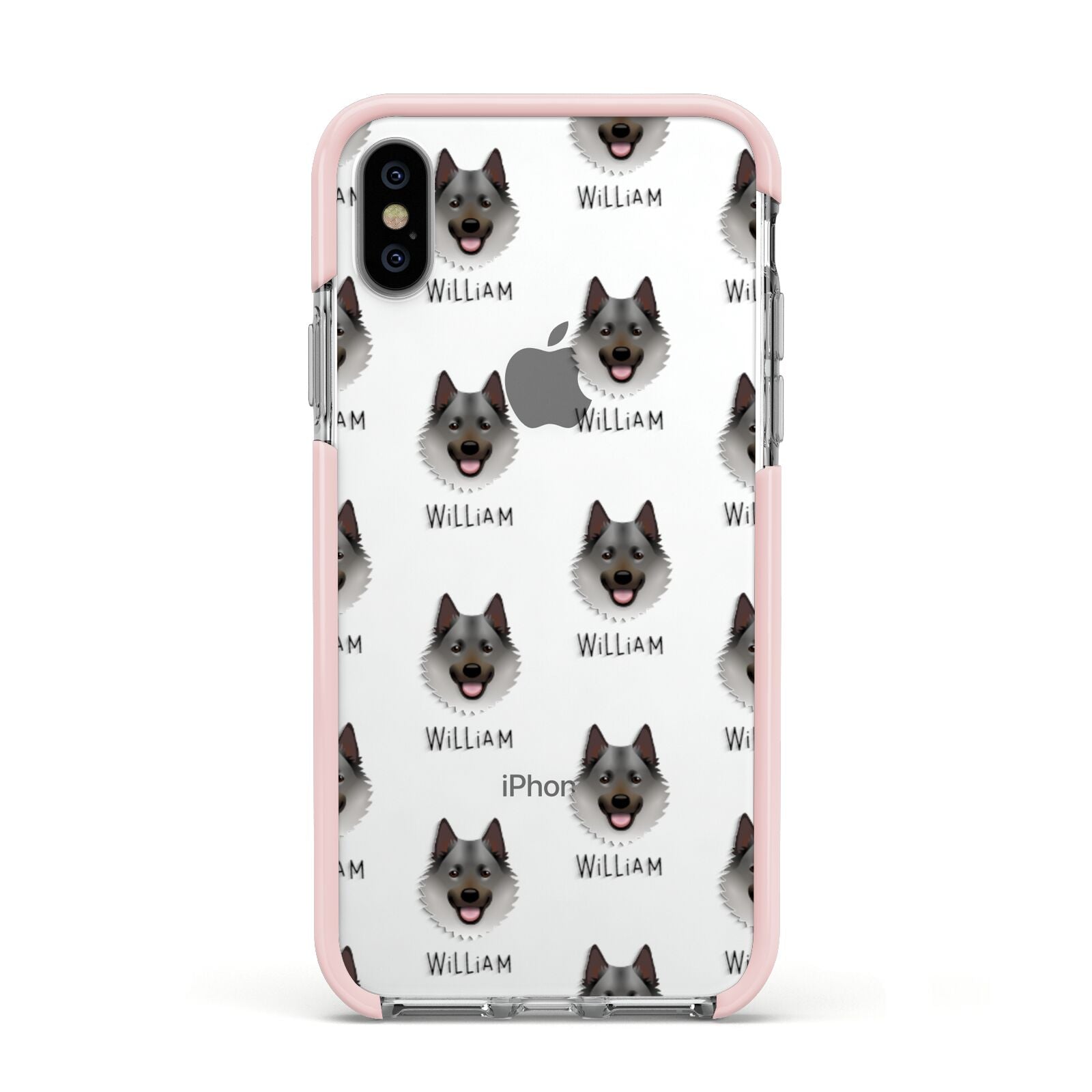 Norwegian Elkhound Icon with Name Apple iPhone Xs Impact Case Pink Edge on Silver Phone