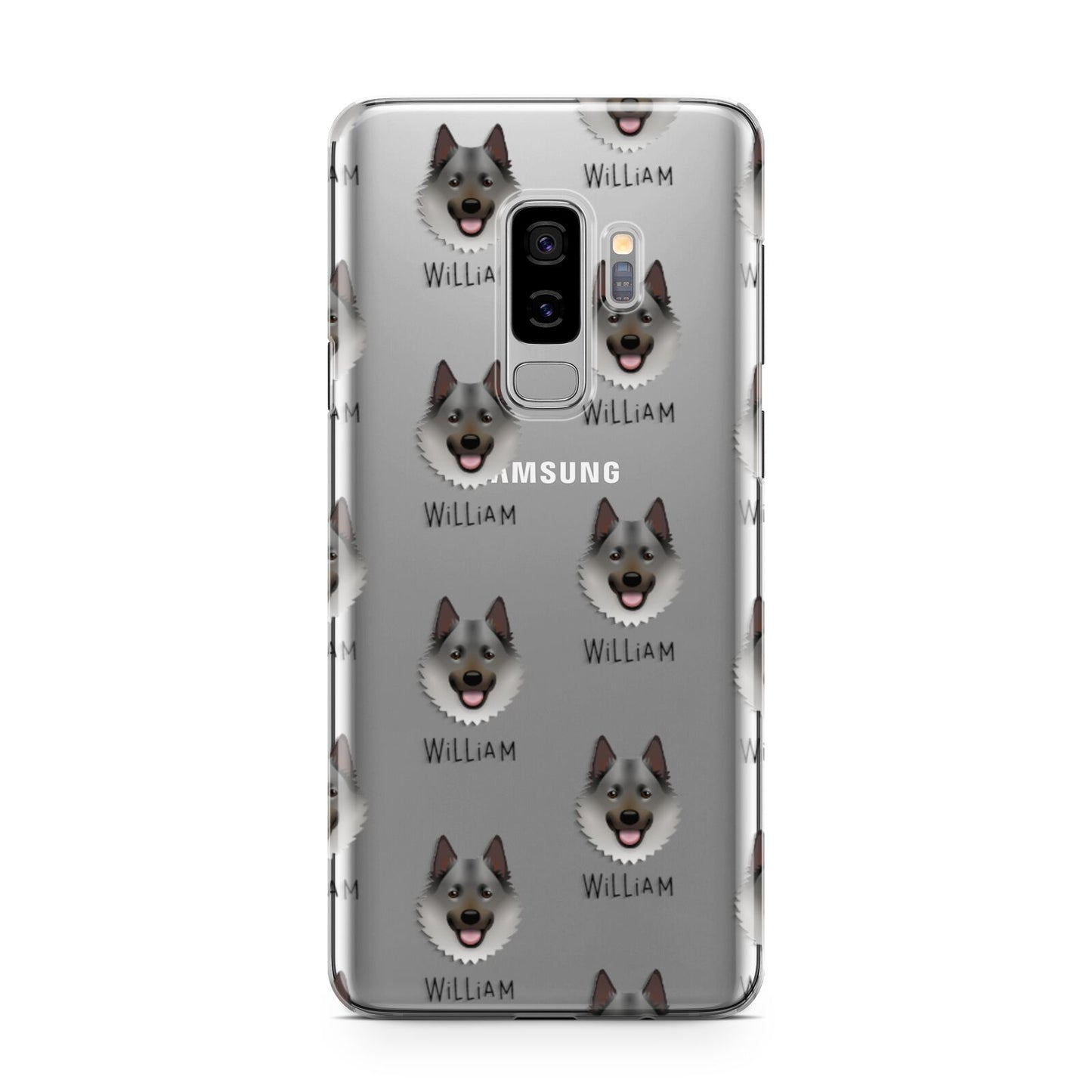 Norwegian Elkhound Icon with Name Samsung Galaxy S9 Plus Case on Silver phone
