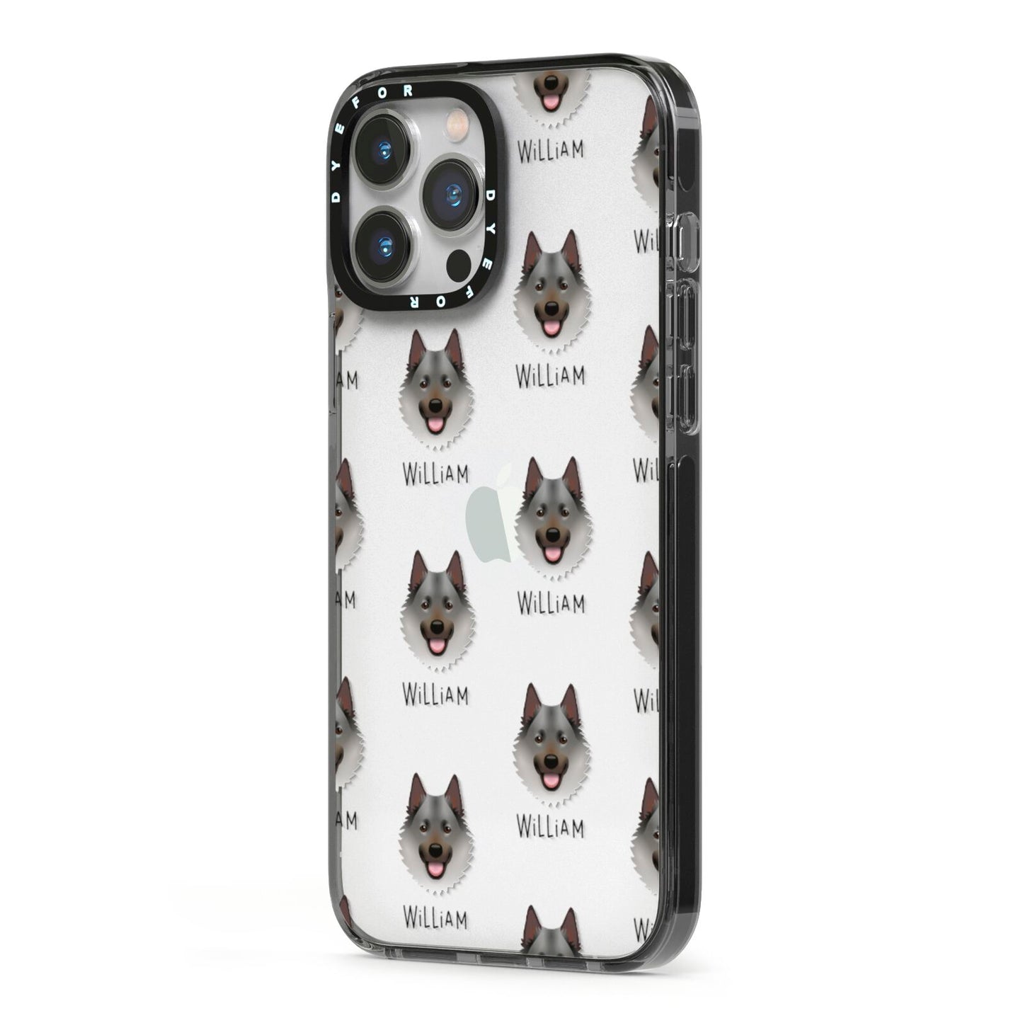Norwegian Elkhound Icon with Name iPhone 13 Pro Max Black Impact Case Side Angle on Silver phone