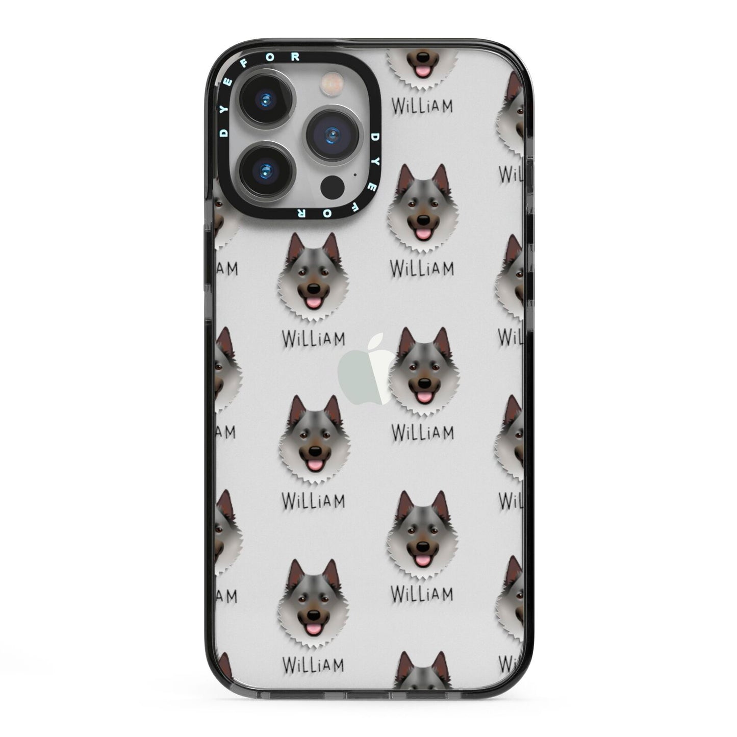 Norwegian Elkhound Icon with Name iPhone 13 Pro Max Black Impact Case on Silver phone