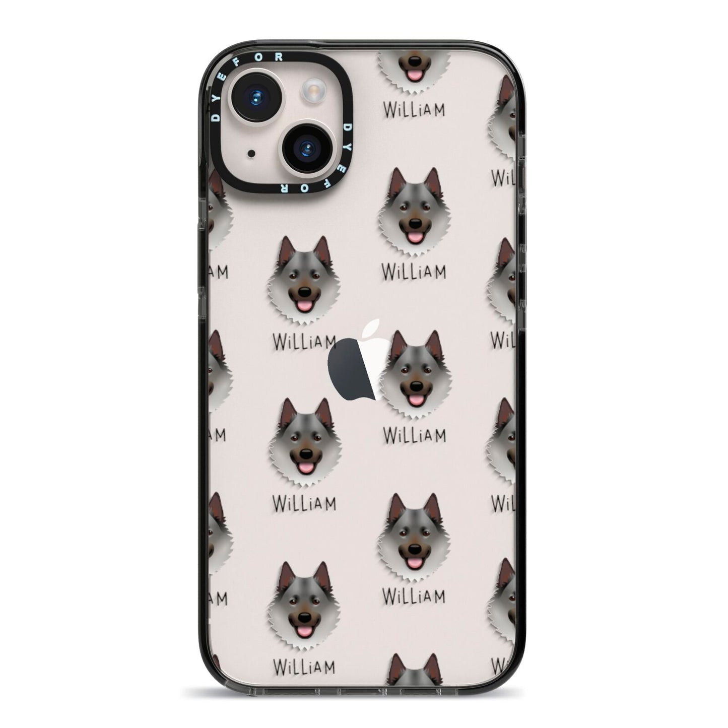 Norwegian Elkhound Icon with Name iPhone 14 Plus Black Impact Case on Silver phone