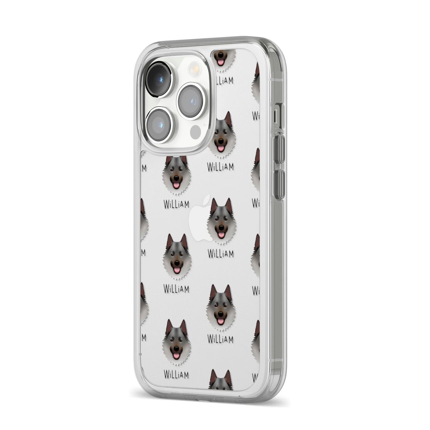 Norwegian Elkhound Icon with Name iPhone 14 Pro Clear Tough Case Silver Angled Image