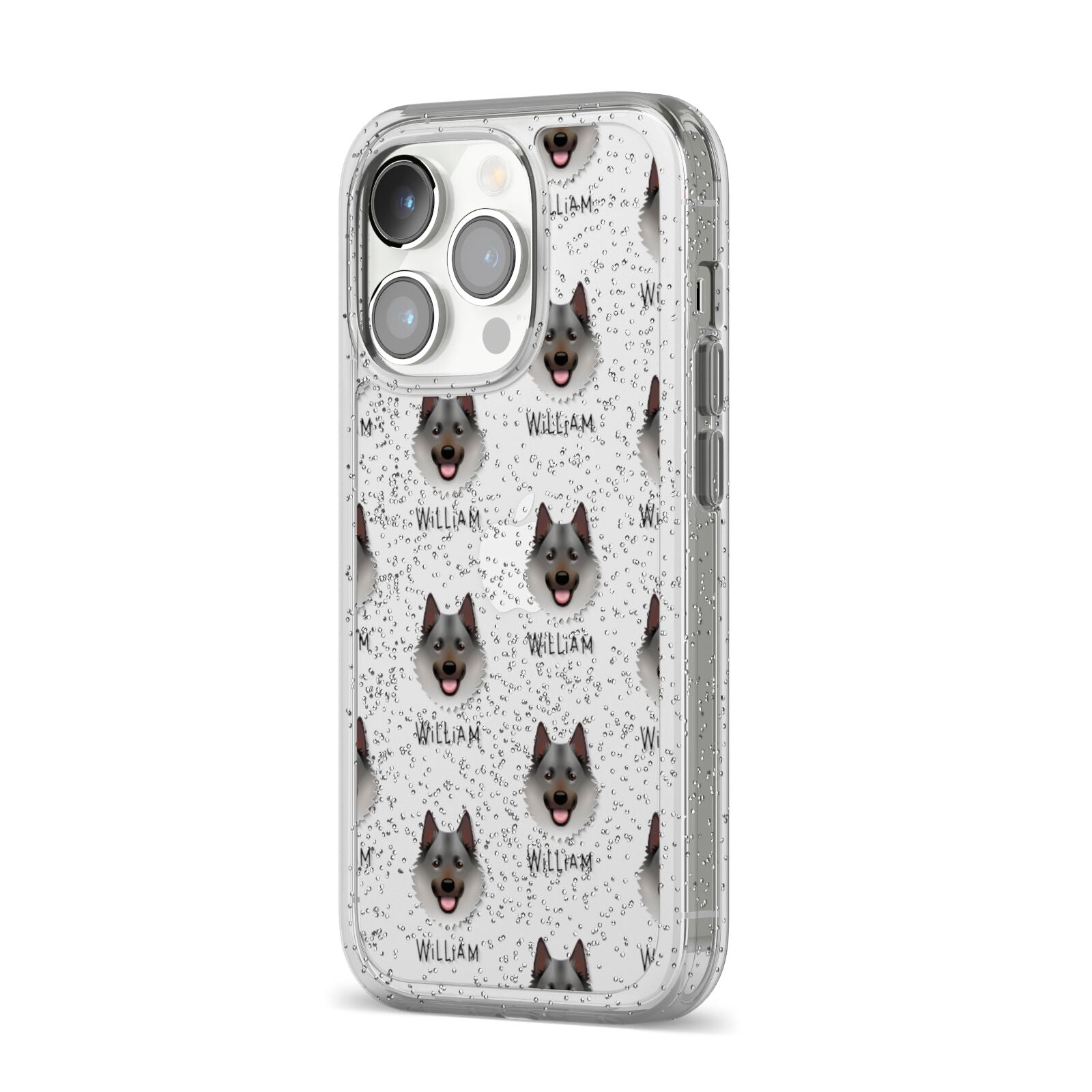 Norwegian Elkhound Icon with Name iPhone 14 Pro Glitter Tough Case Silver Angled Image