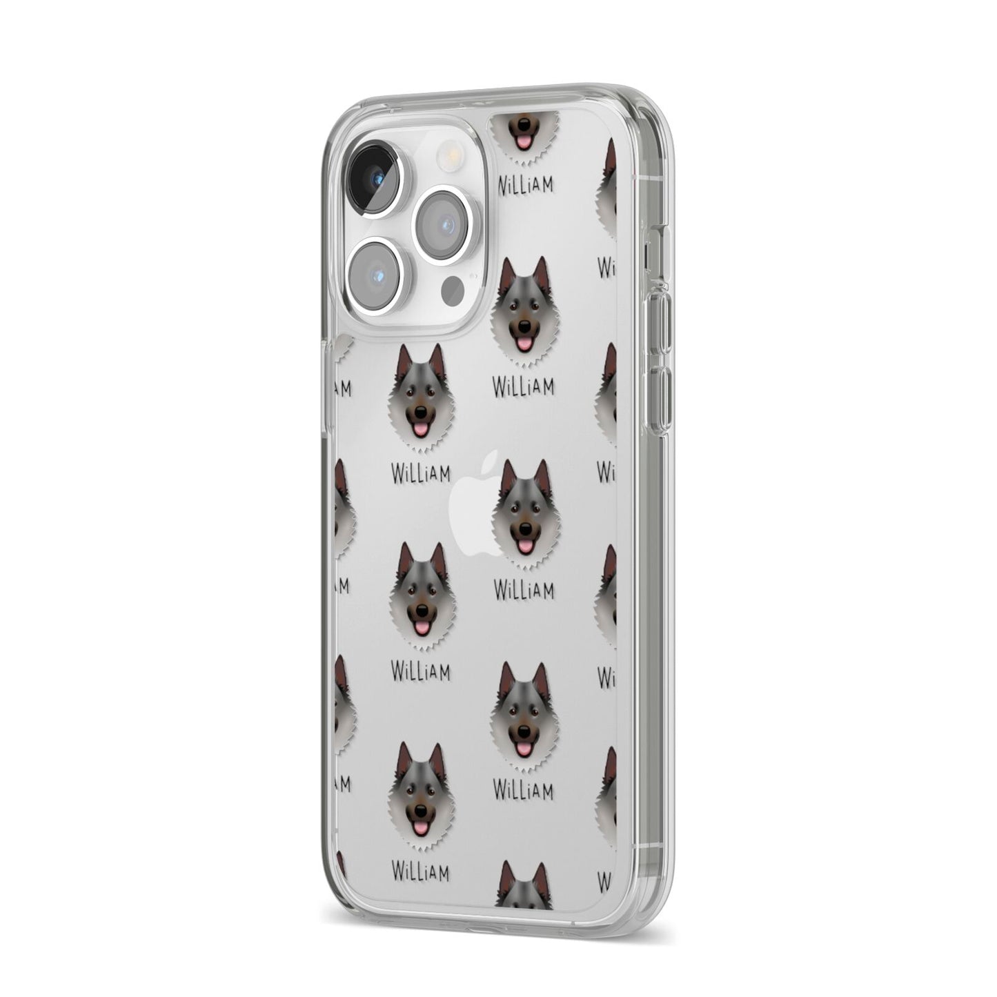 Norwegian Elkhound Icon with Name iPhone 14 Pro Max Clear Tough Case Silver Angled Image