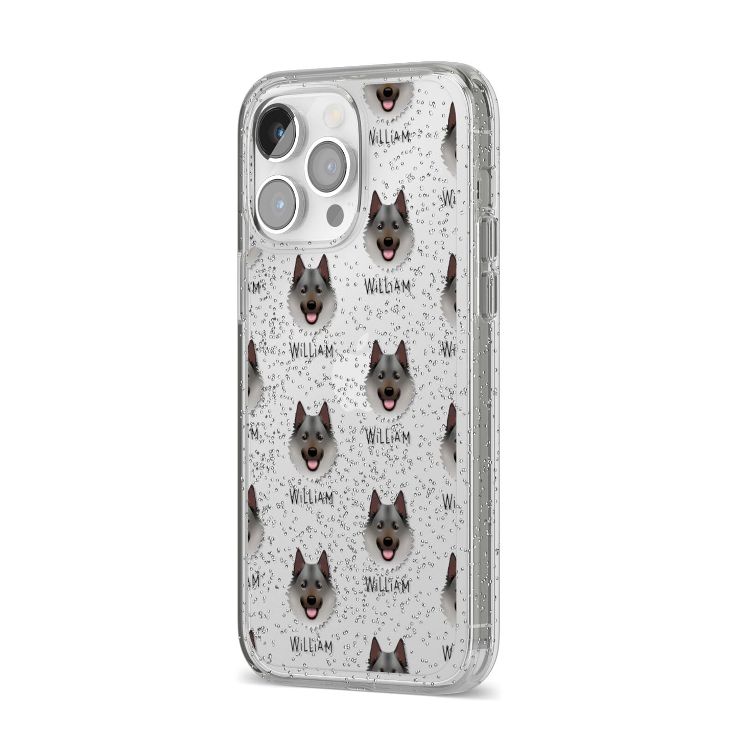Norwegian Elkhound Icon with Name iPhone 14 Pro Max Glitter Tough Case Silver Angled Image