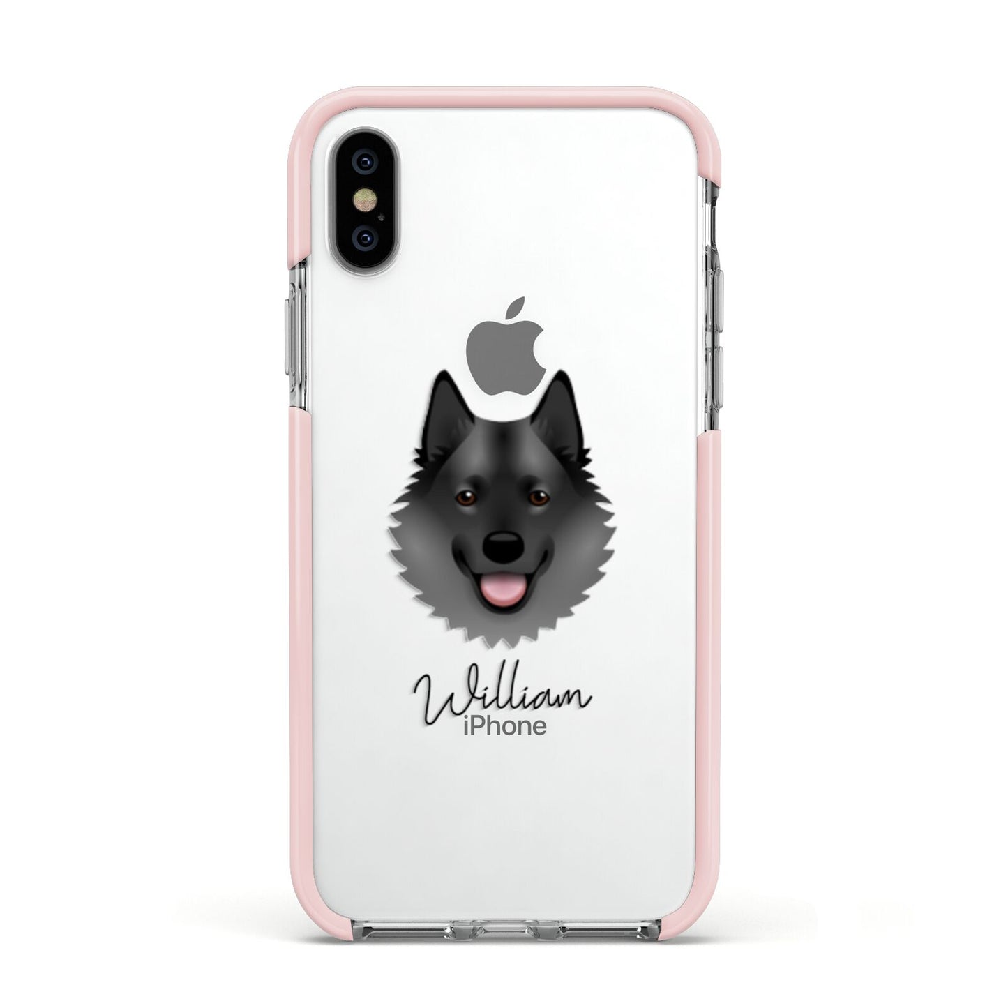 Norwegian Elkhound Personalised Apple iPhone Xs Impact Case Pink Edge on Silver Phone