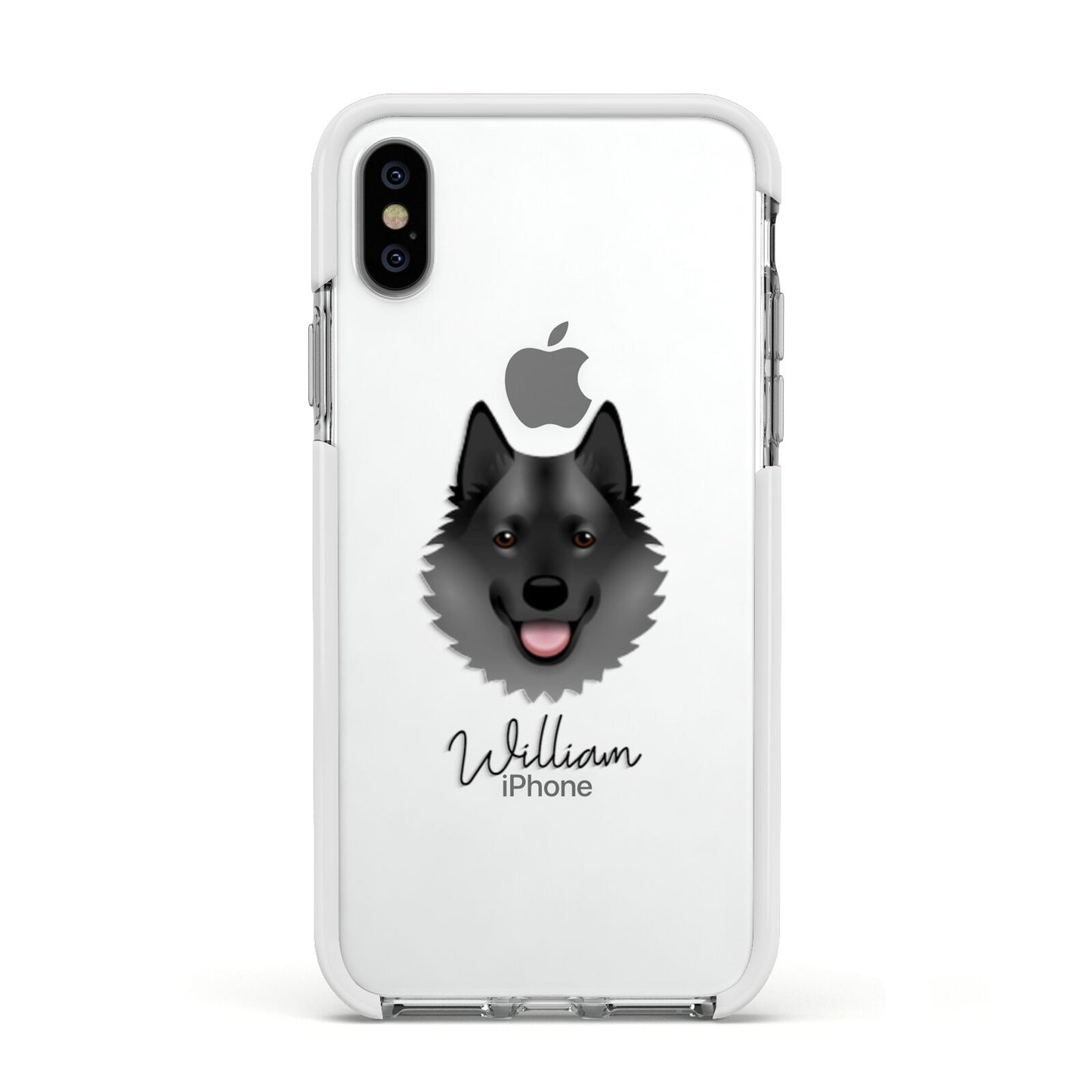 Norwegian Elkhound Personalised Apple iPhone Xs Impact Case White Edge on Silver Phone