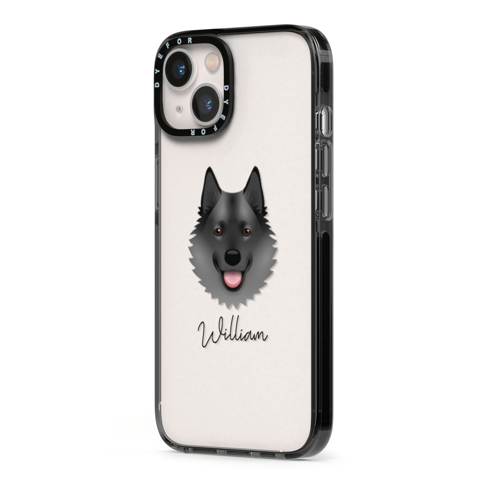 Norwegian Elkhound Personalised iPhone 13 Black Impact Case Side Angle on Silver phone