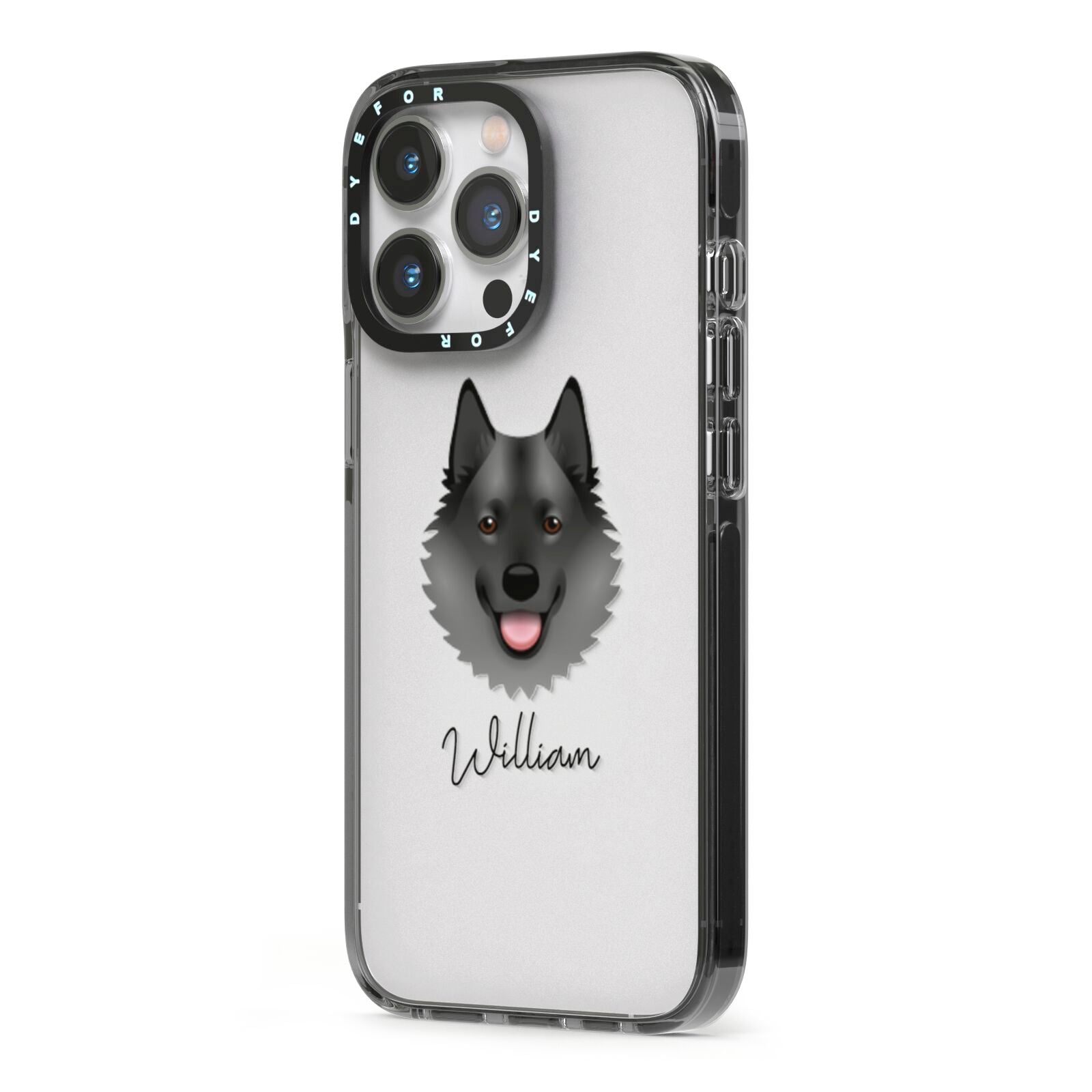 Norwegian Elkhound Personalised iPhone 13 Pro Black Impact Case Side Angle on Silver phone