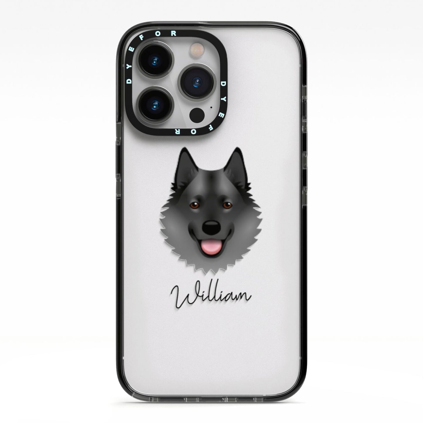 Norwegian Elkhound Personalised iPhone 13 Pro Black Impact Case on Silver phone