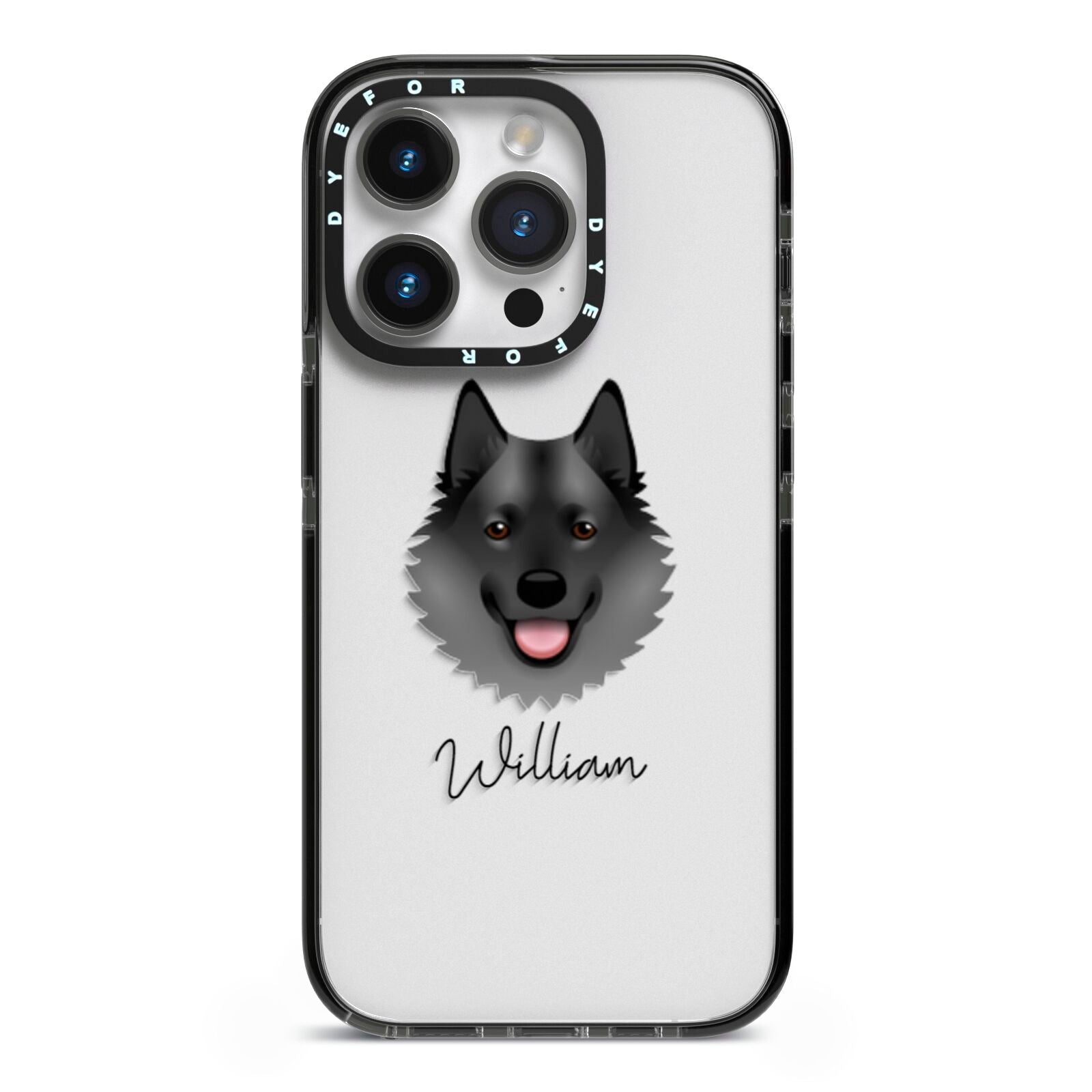 Norwegian Elkhound Personalised iPhone 14 Pro Black Impact Case on Silver phone