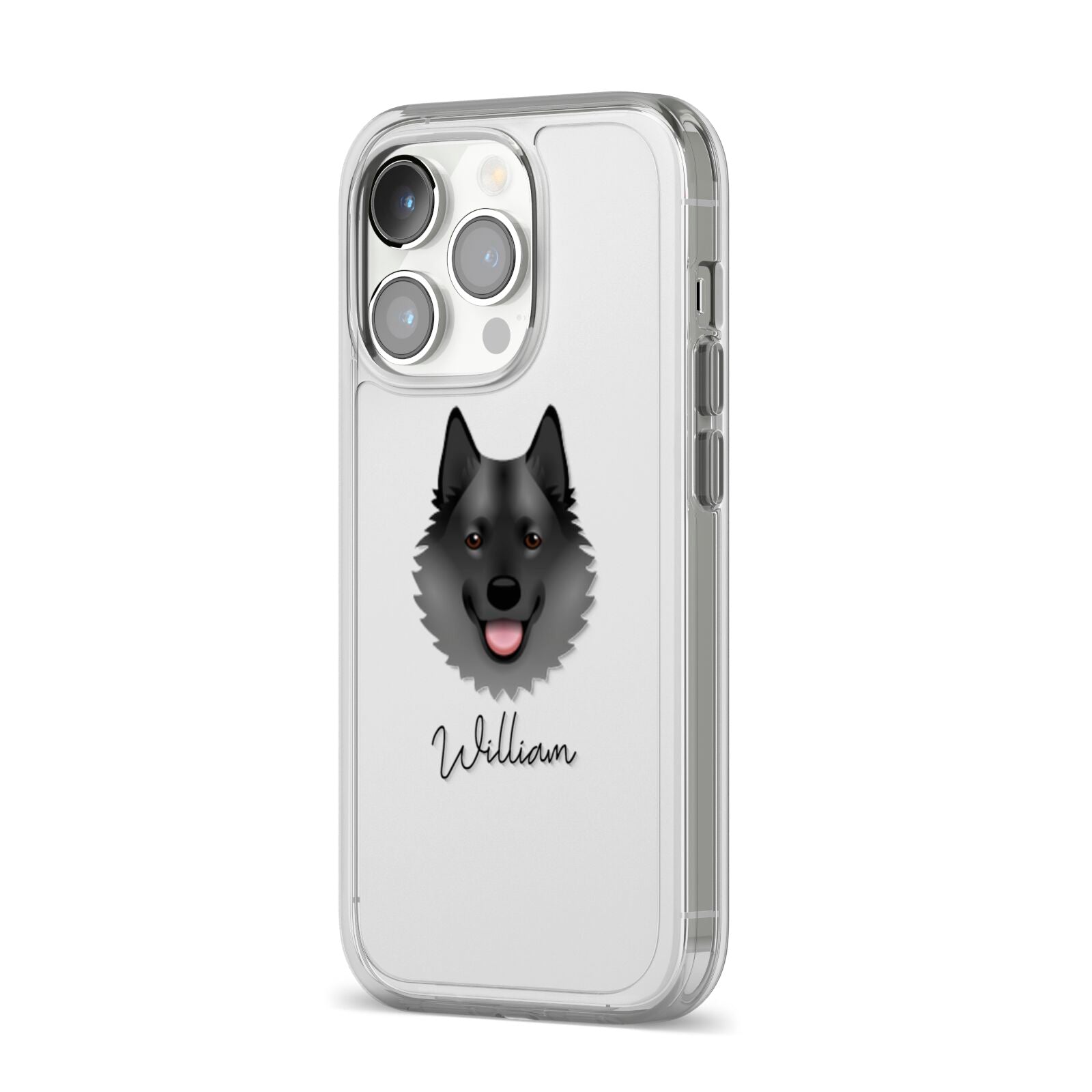 Norwegian Elkhound Personalised iPhone 14 Pro Clear Tough Case Silver Angled Image