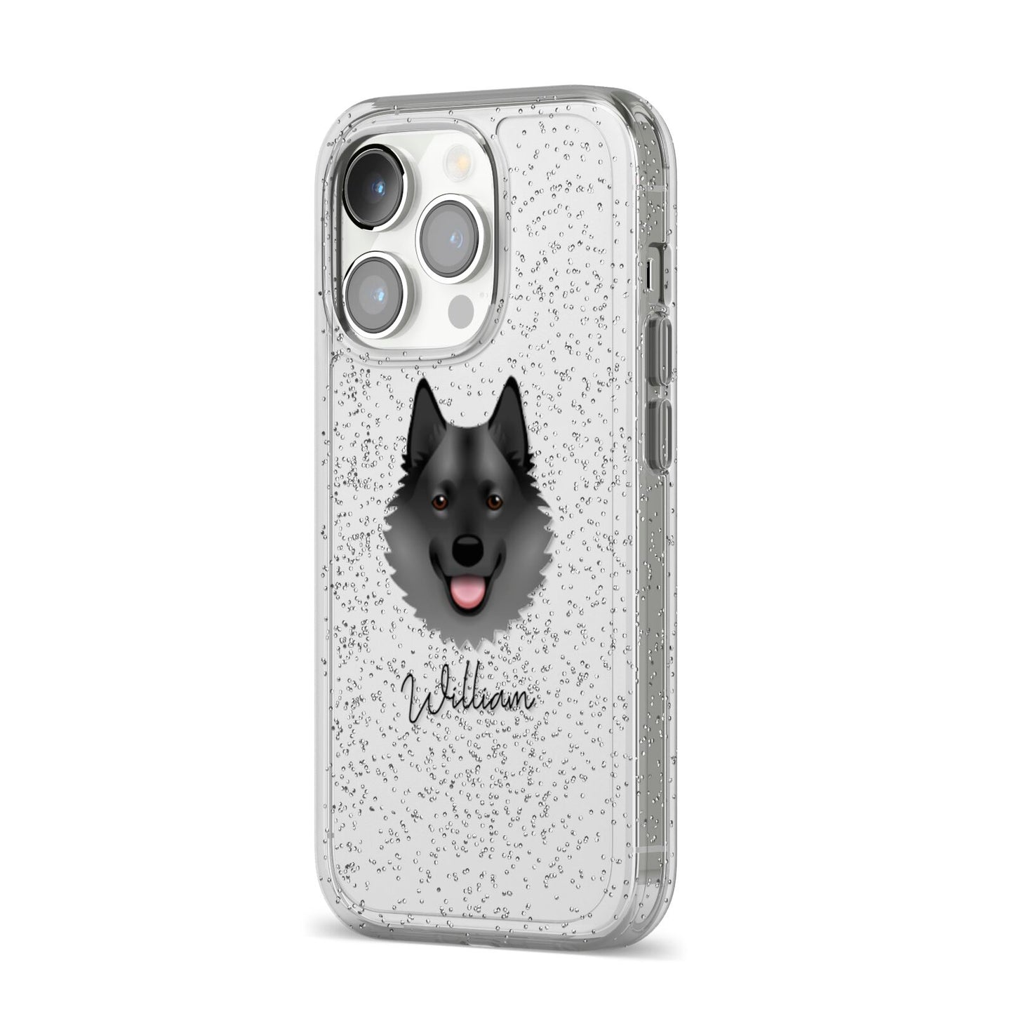 Norwegian Elkhound Personalised iPhone 14 Pro Glitter Tough Case Silver Angled Image