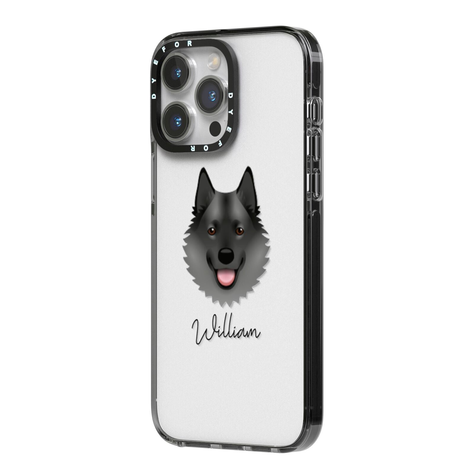 Norwegian Elkhound Personalised iPhone 14 Pro Max Black Impact Case Side Angle on Silver phone