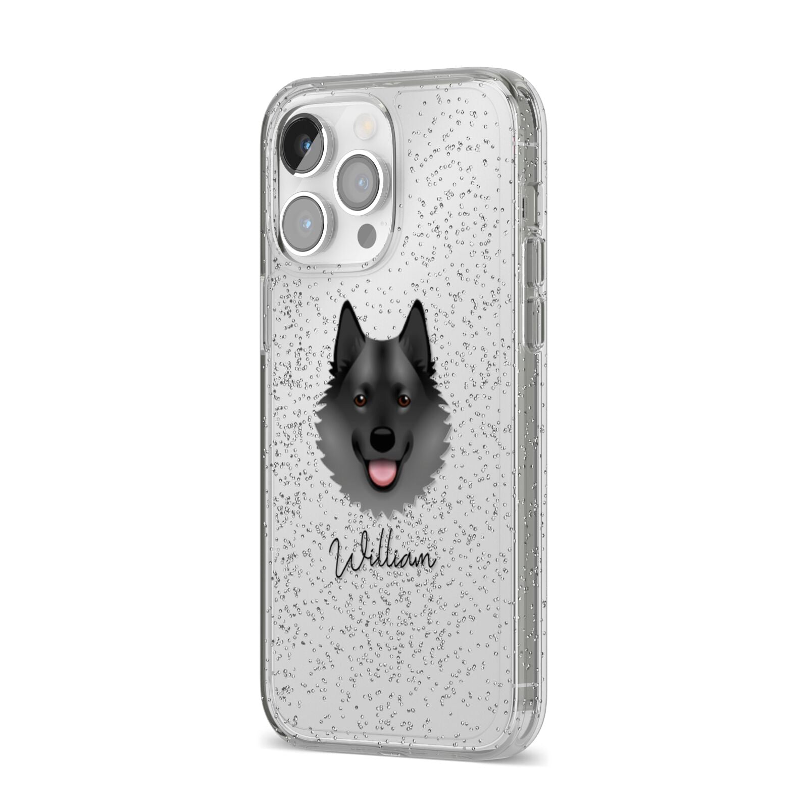 Norwegian Elkhound Personalised iPhone 14 Pro Max Glitter Tough Case Silver Angled Image