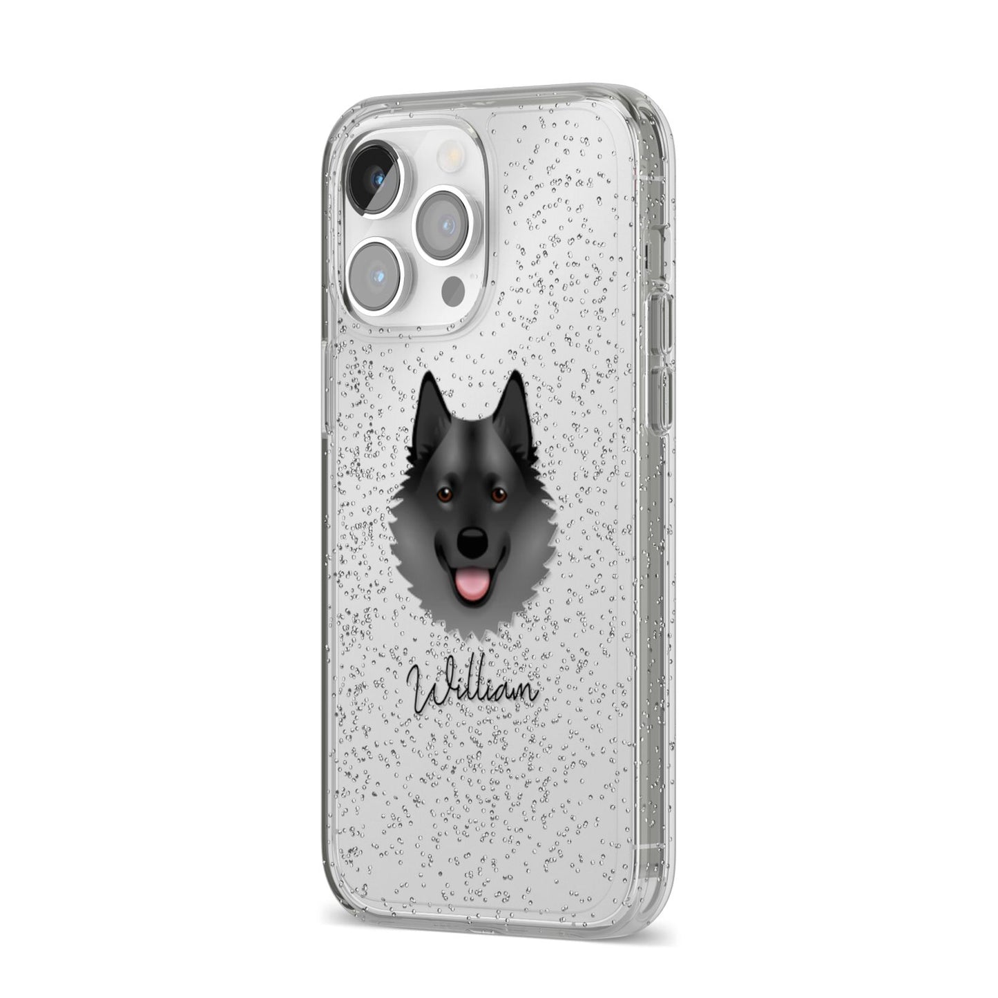 Norwegian Elkhound Personalised iPhone 14 Pro Max Glitter Tough Case Silver Angled Image