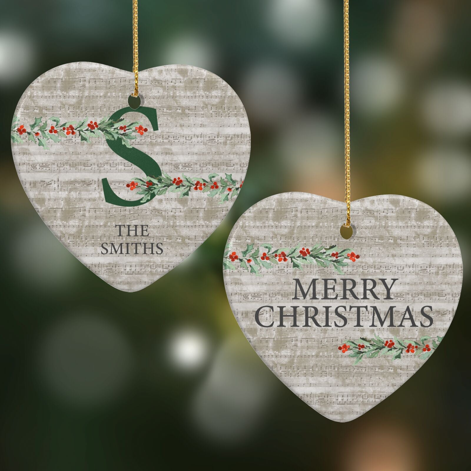 Nostalgic Monogram Personalised Heart Decoration on Christmas Background